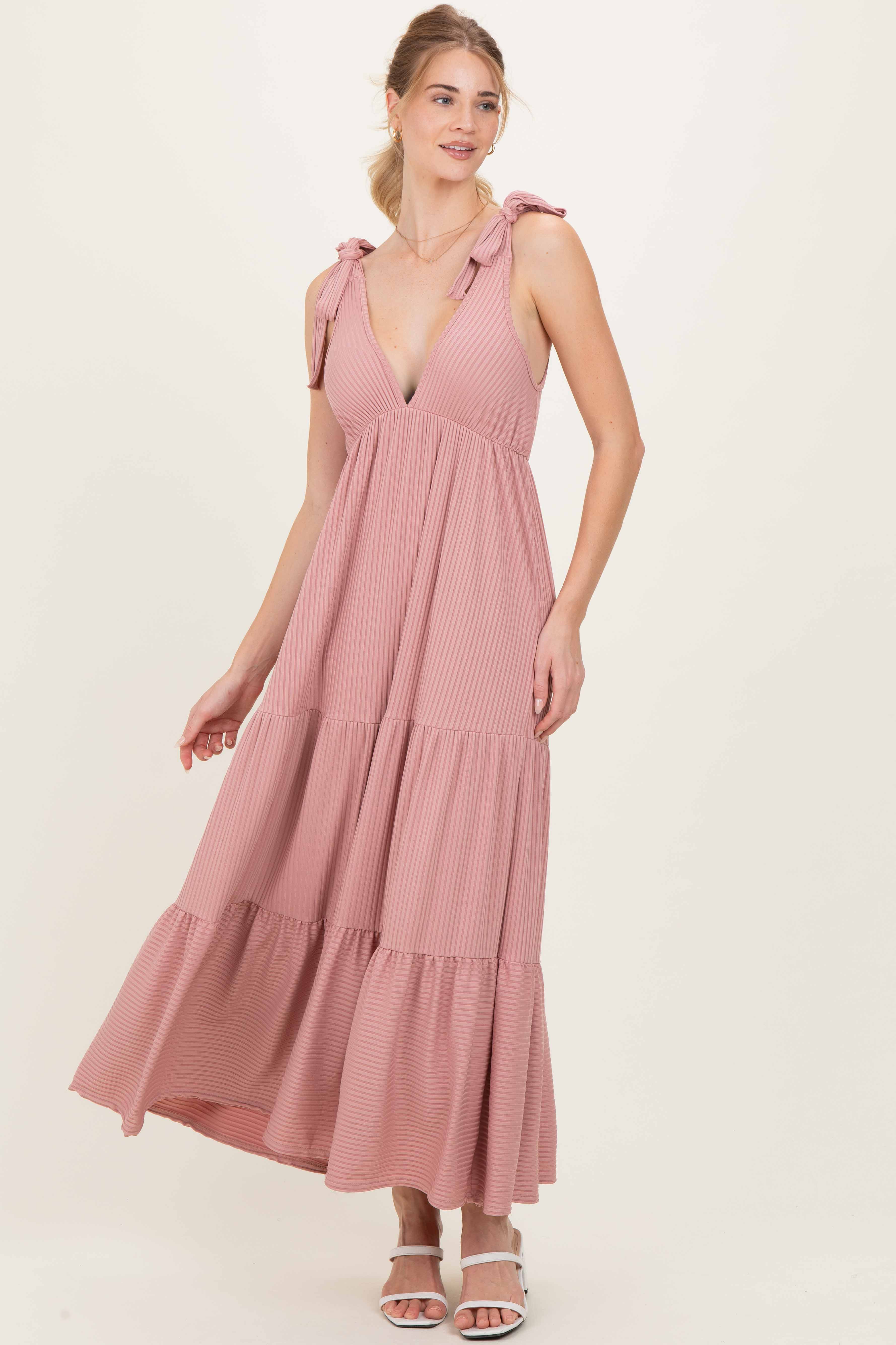 Mauve Shoulder Tie Ribbed Tiered Maternity Maxi Dress - Image 5