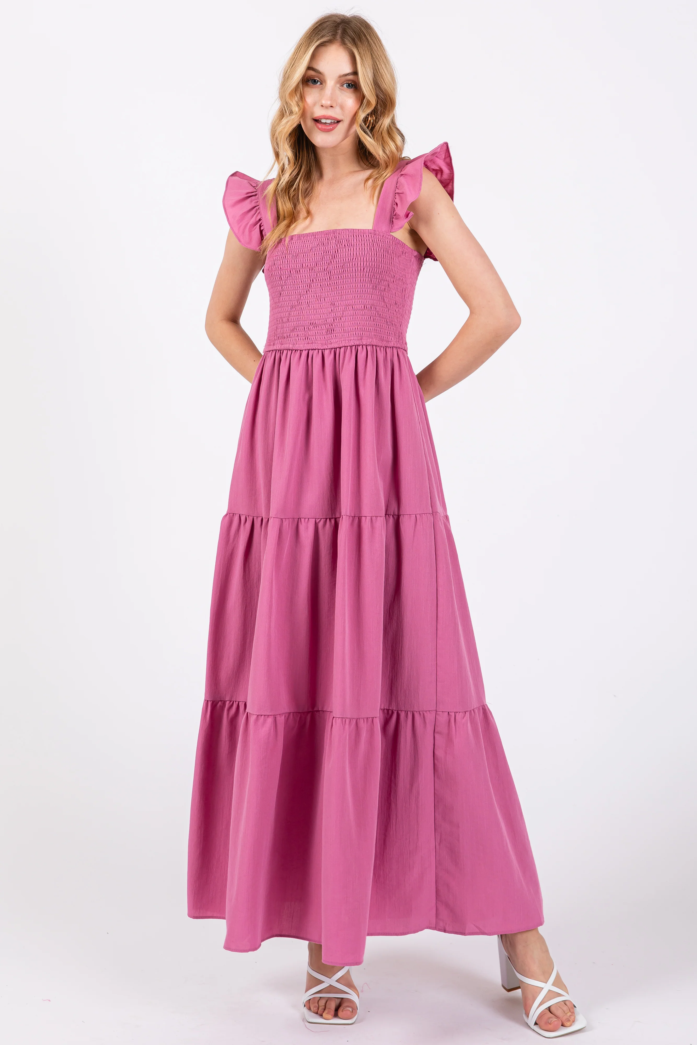 Mauve Sleeveless Smocked Tiered Maternity Maxi Dress - Image 4