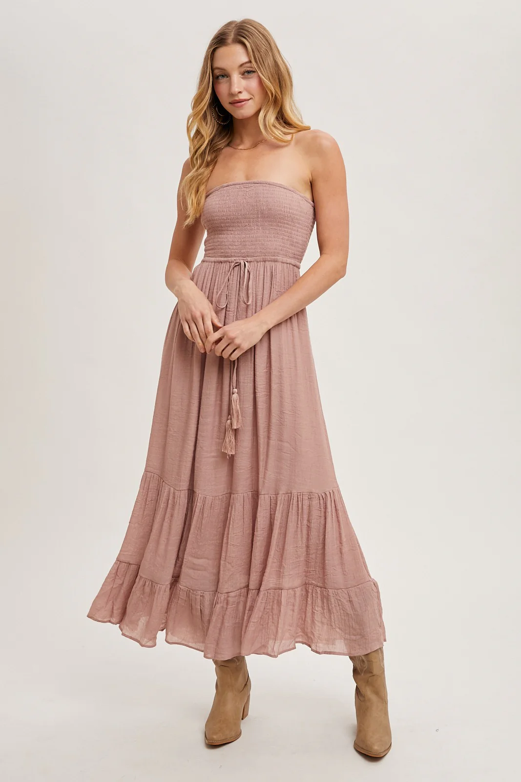 Mauve Smocked Strapless Front Tie Maternity Maxi Dress - Image 5