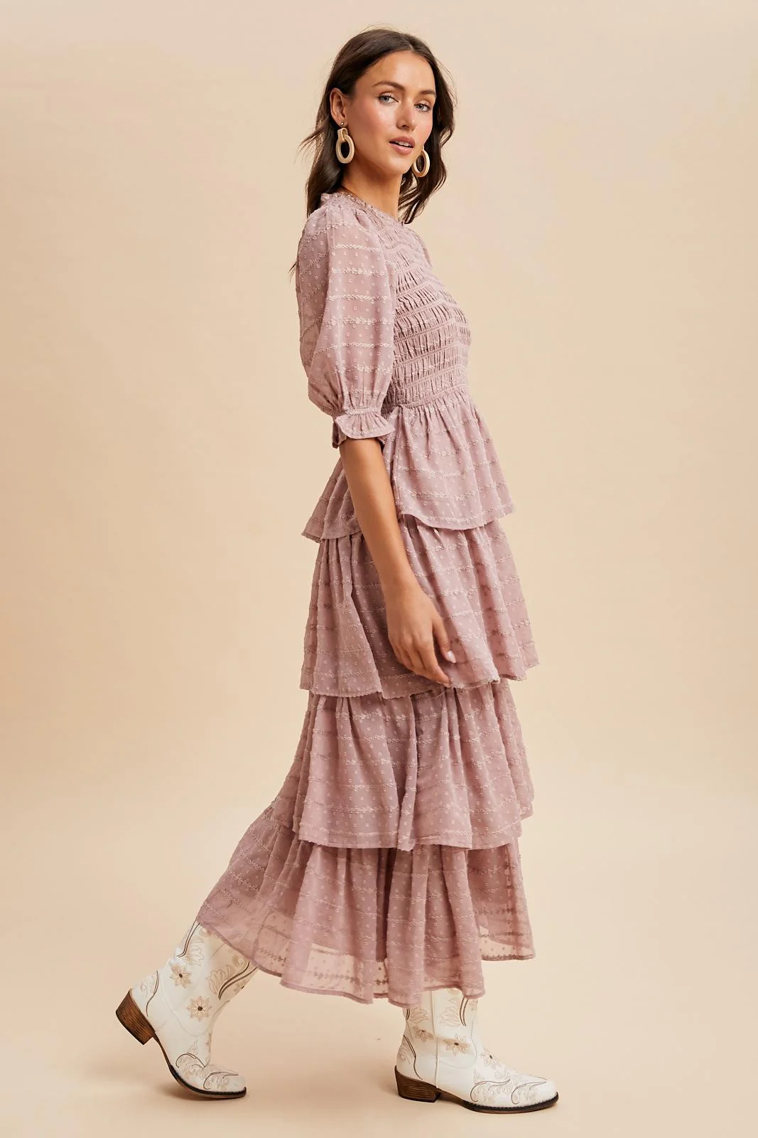 Mauve Smocked Swiss Dot Tiered Maxi Dress - Image 3