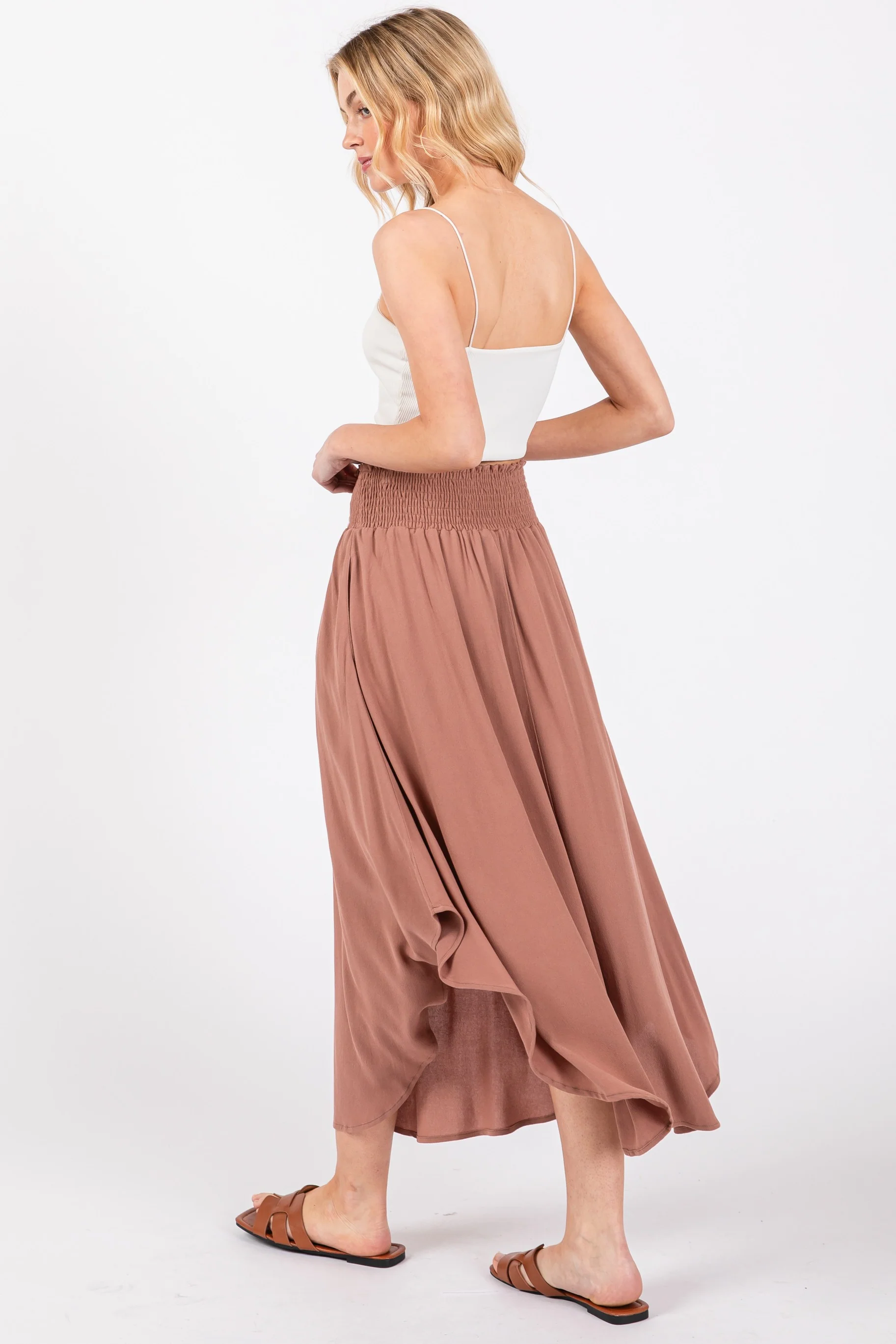 Mauve Smocked Waist Rounded Hem Midi Skirt - Image 4