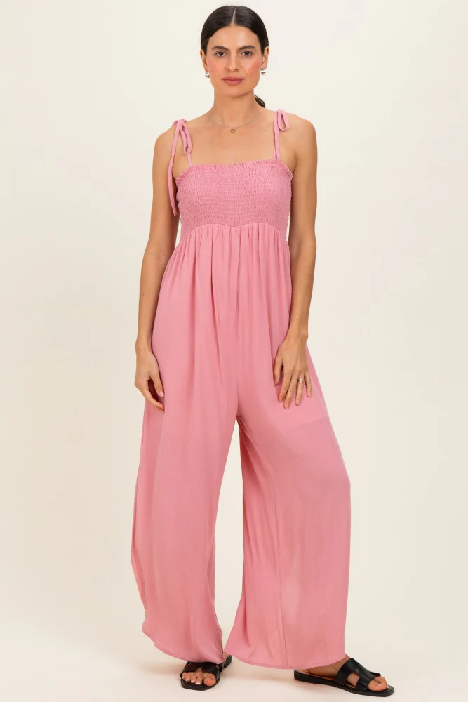 Mauve Smocked Wide Leg Adjustable Strap Maternity Jumpsuit - Image 5