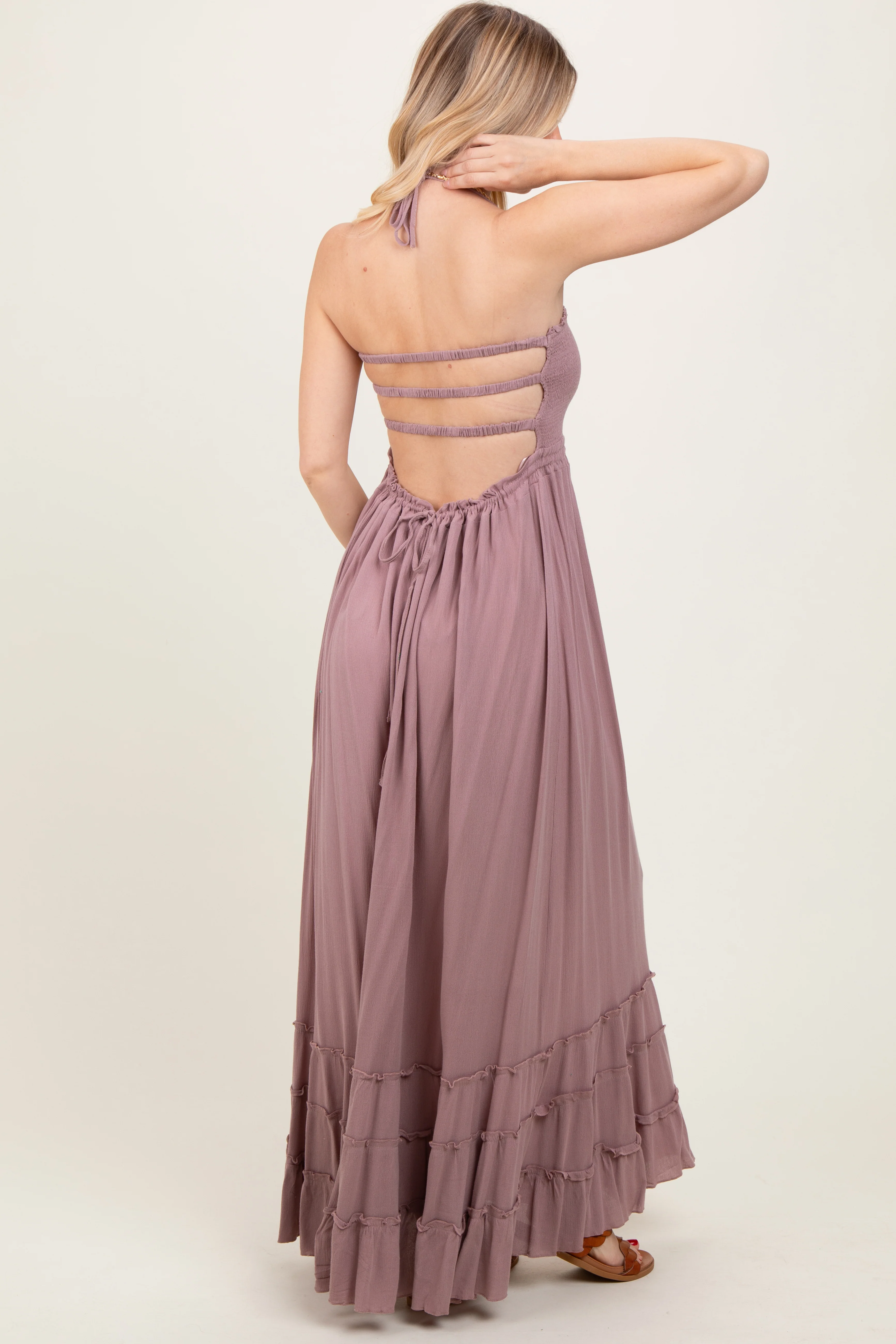 Mauve Smocked Woven Maxi Dress - Image 4