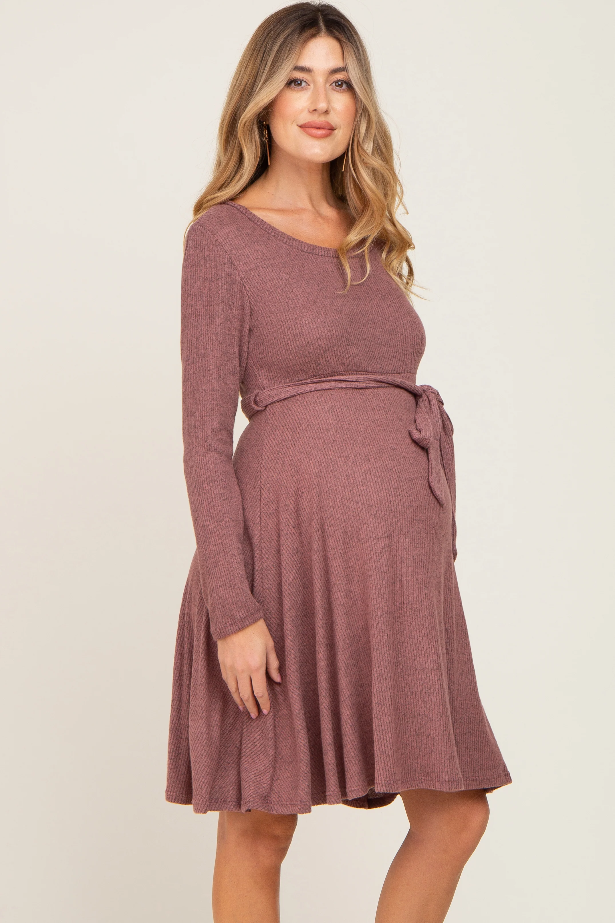 Mauve Soft Rib Knit Sash Tie Maternity Dress - Image 3
