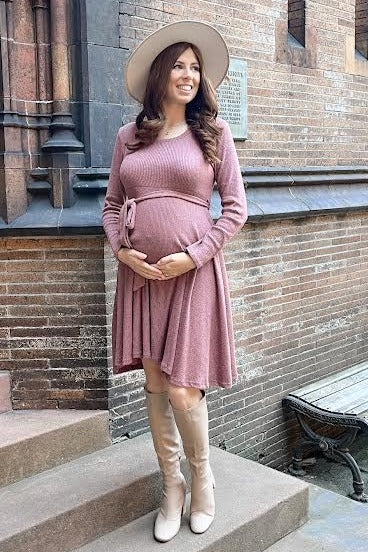 Mauve Soft Rib Knit Sash Tie Maternity Dress - Image 5