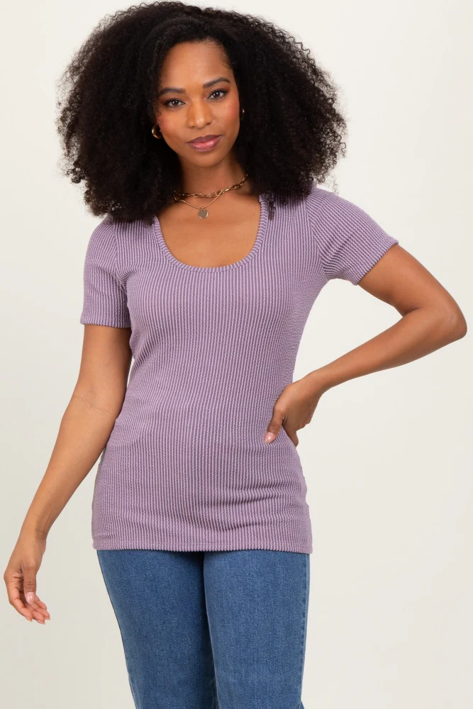 Mauve Solid Ribbed Short Sleeve Round Neck Basic Maternity Top - Image 5
