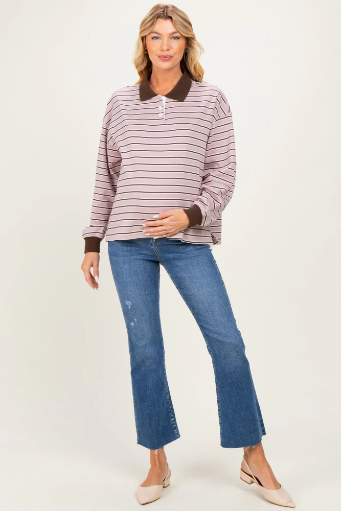 Mauve Striped Long Sleeve Polo Maternity Top - Image 2