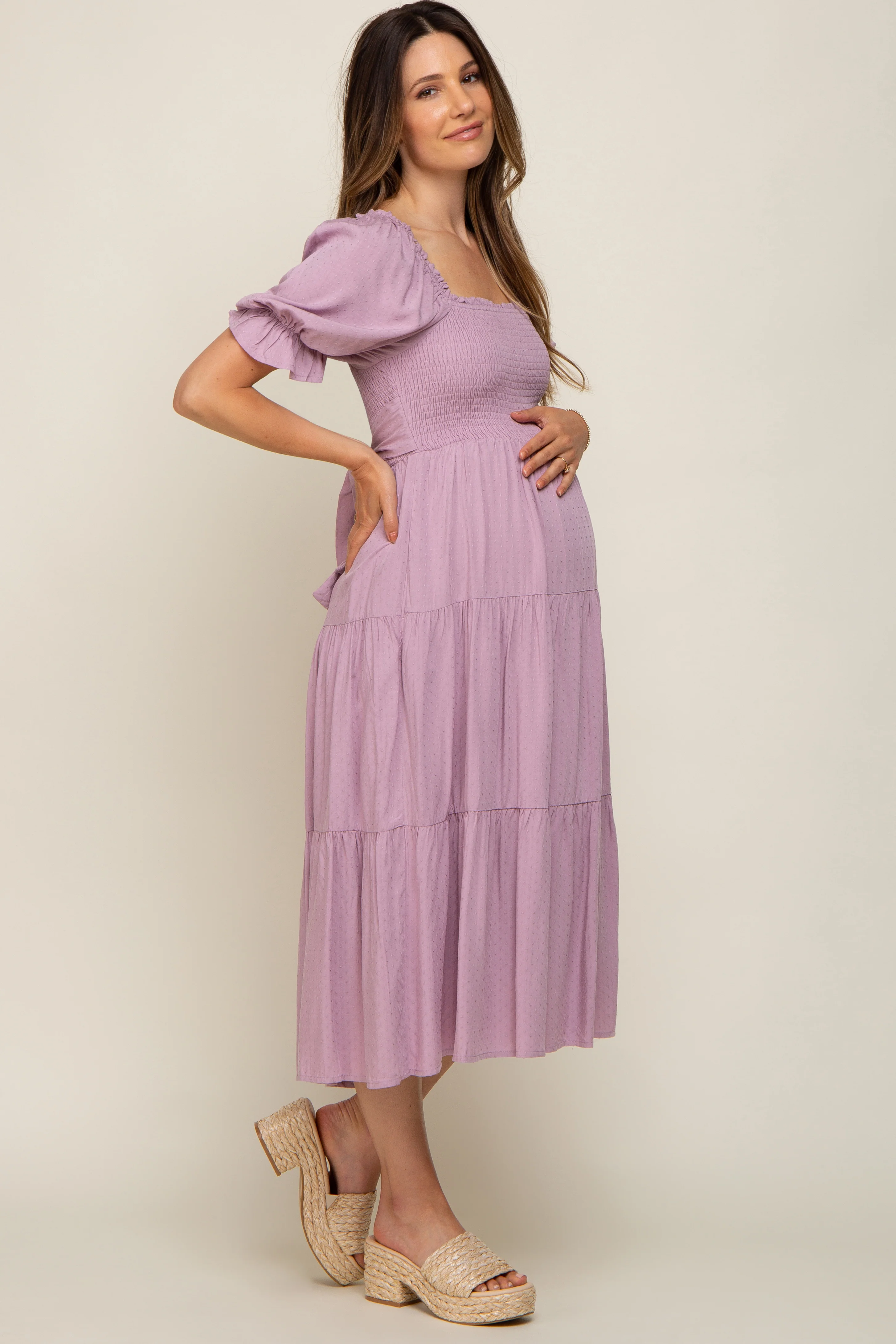 Mauve Swiss Dot Smocked Maternity Midi Dress - Image 2