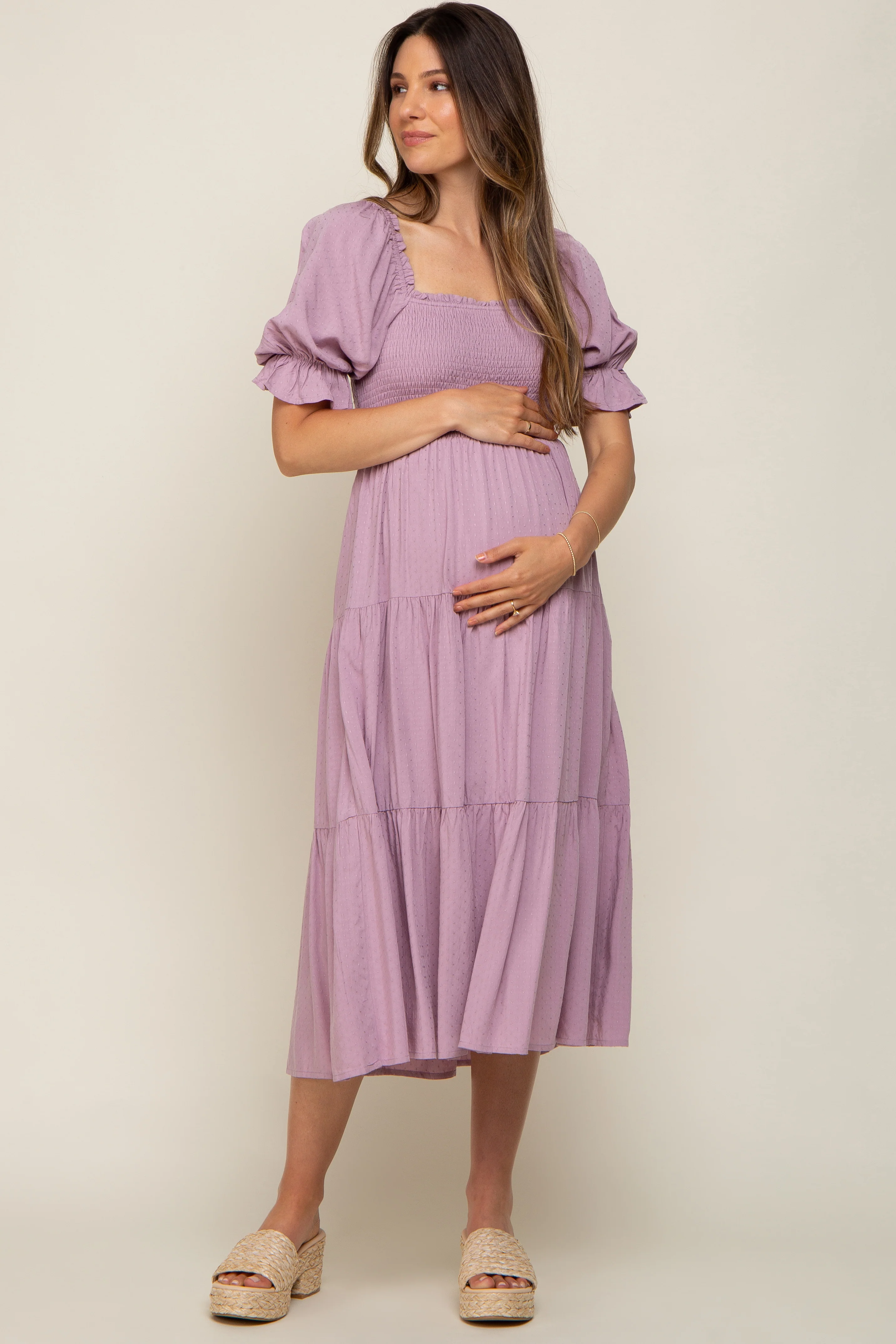Mauve Swiss Dot Smocked Maternity Midi Dress - Image 4