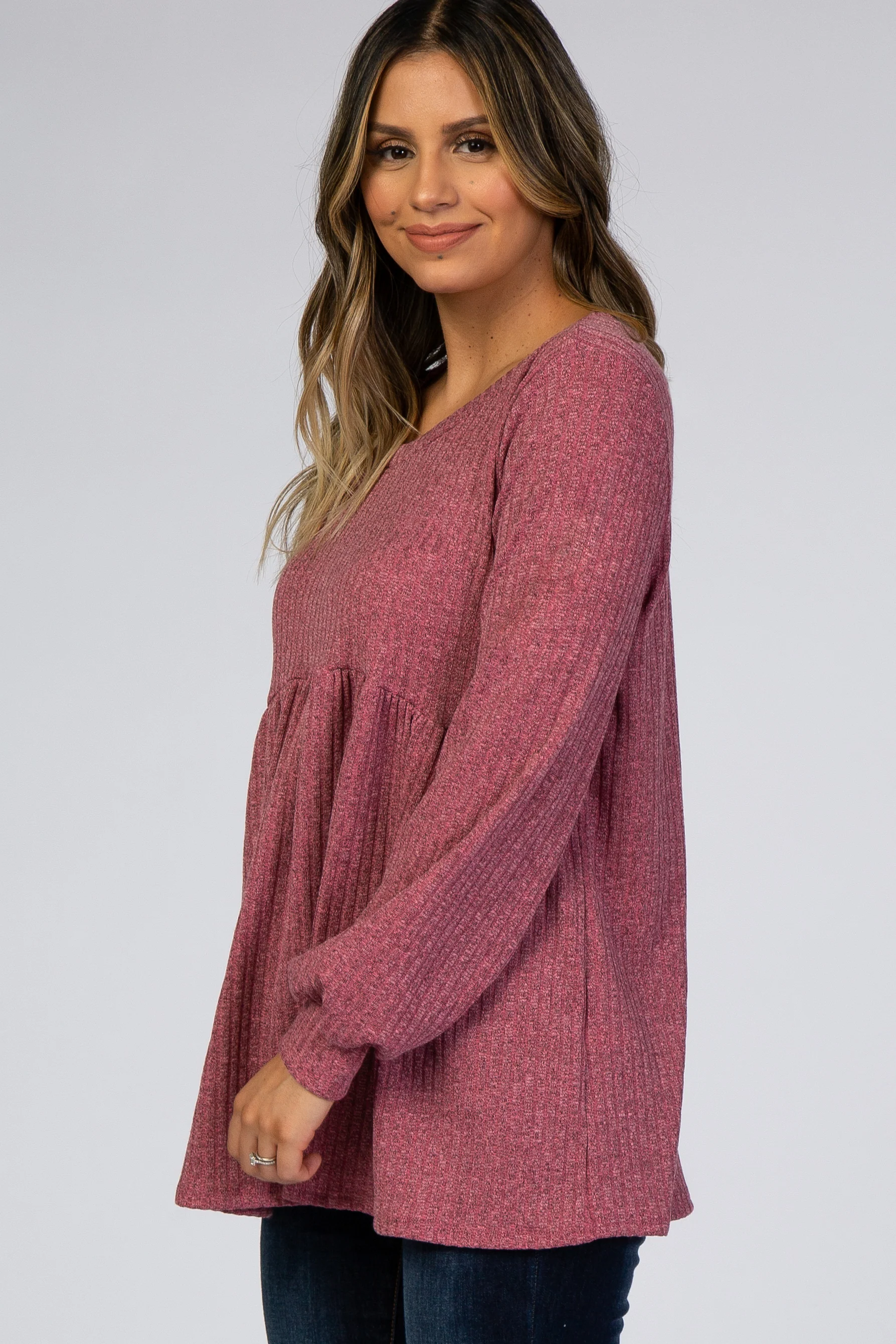 Mauve Textured Knit Babydoll Long Sleeve Top - Image 3