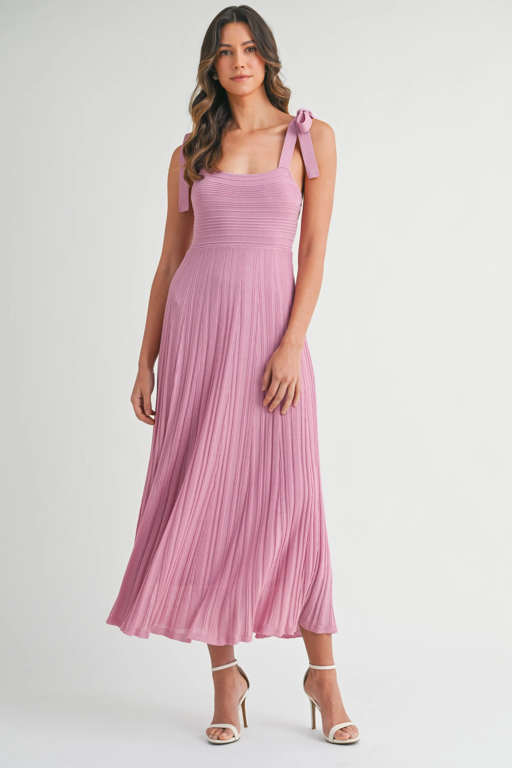 Mauve Textured Knit Shoulder Tie Maternity Midi Dress - Image 4