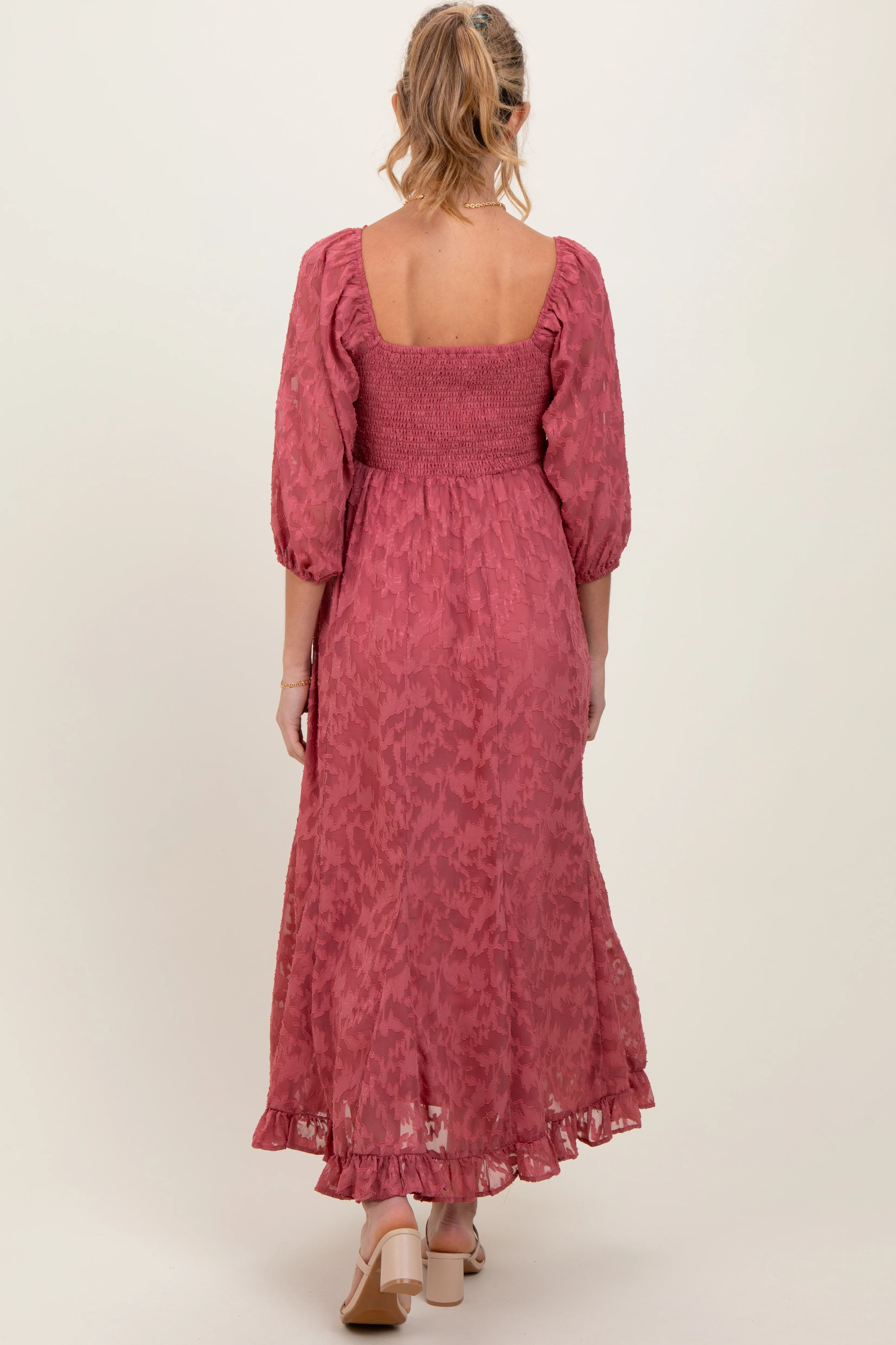 Mauve Textured Overlay Smocked Ruffled Hem Maternity Maxi Dress - Image 4