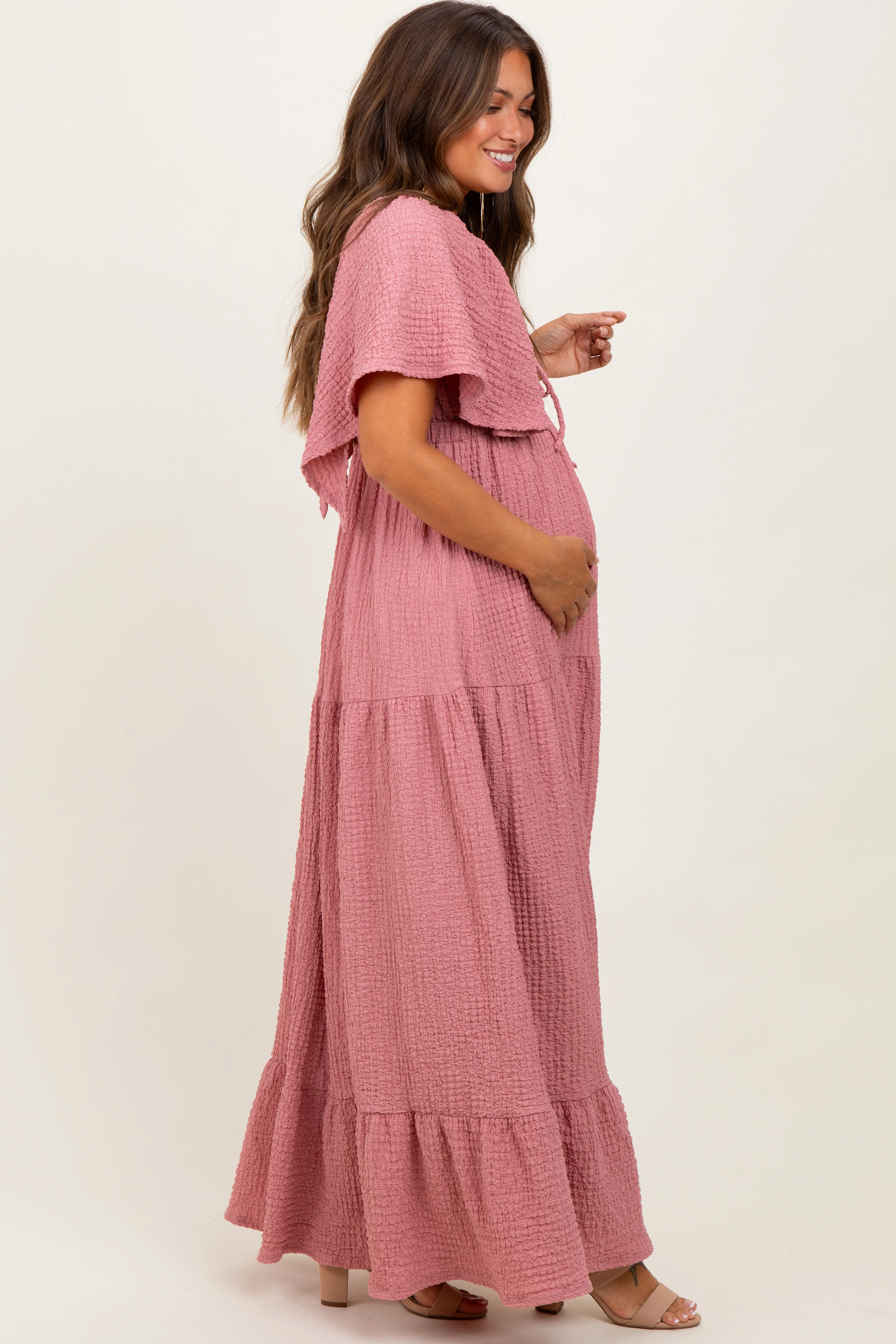 Mauve Woven Textured Flutter Sleeve V-Neck Tiered Maternity Maxi Dress - Image 3