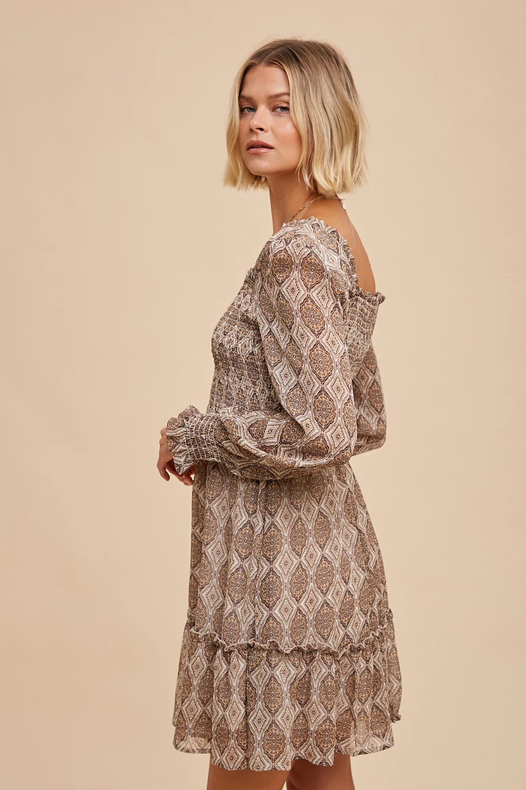 Medallion Creme Square Neck Smocked Mini Dress - Image 3