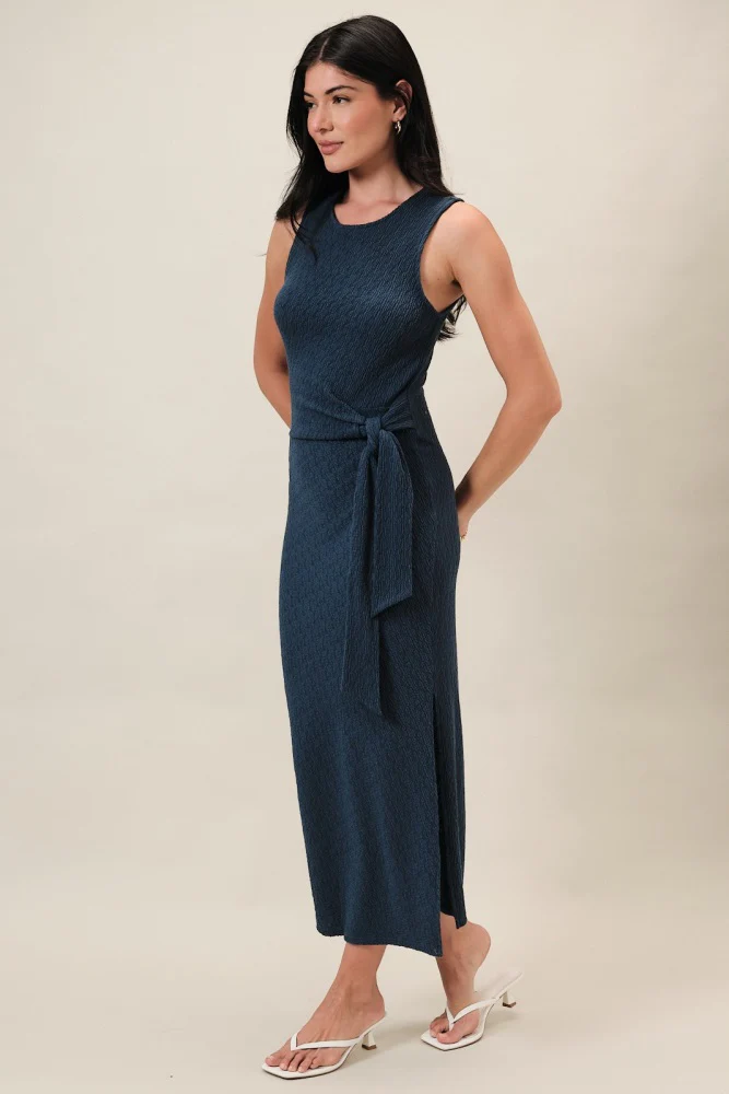 Midnight Jacquard Sleeveless Side Tie Midi Dress - Image 2