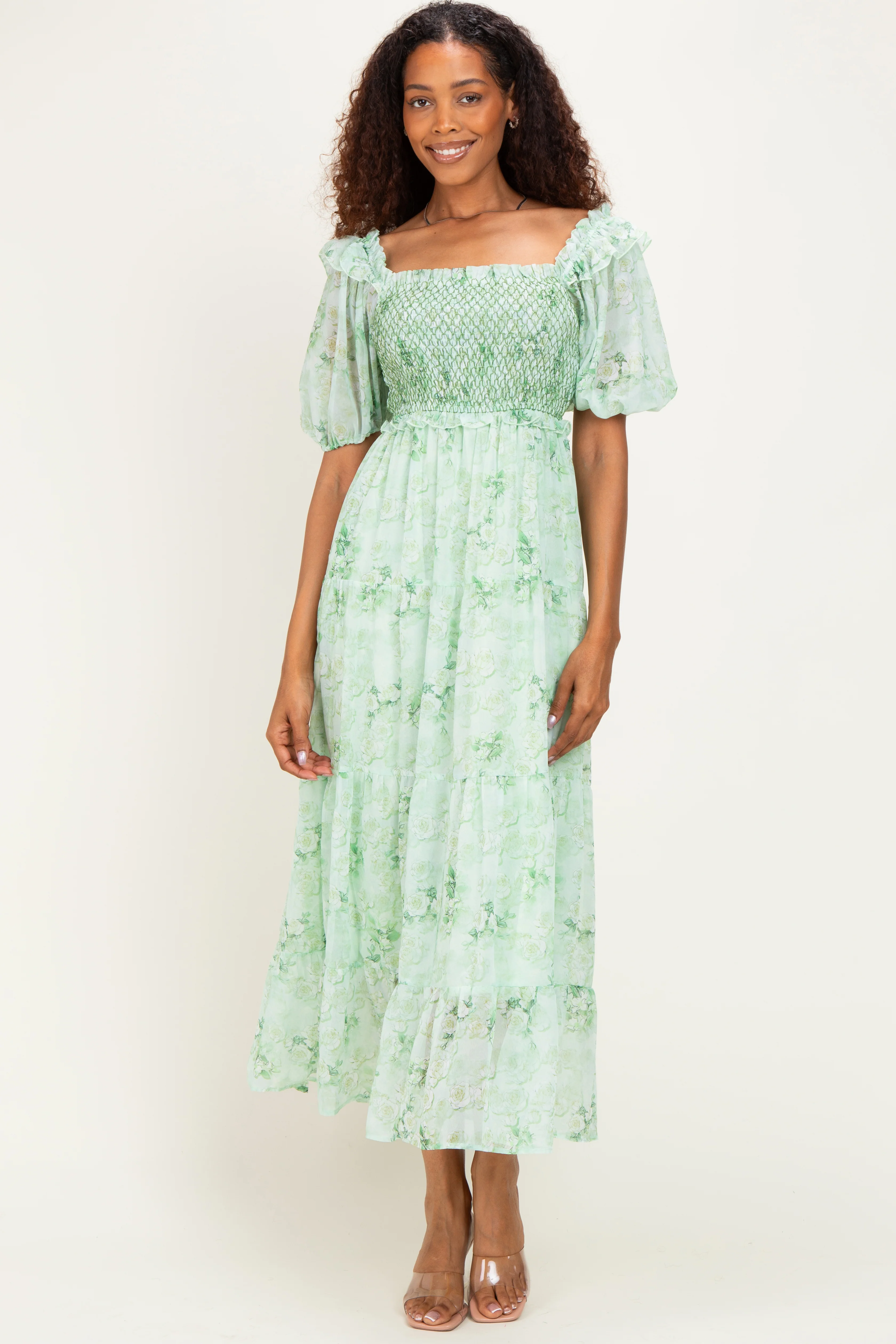 Mint Floral Chiffon Smocked Maxi Dress