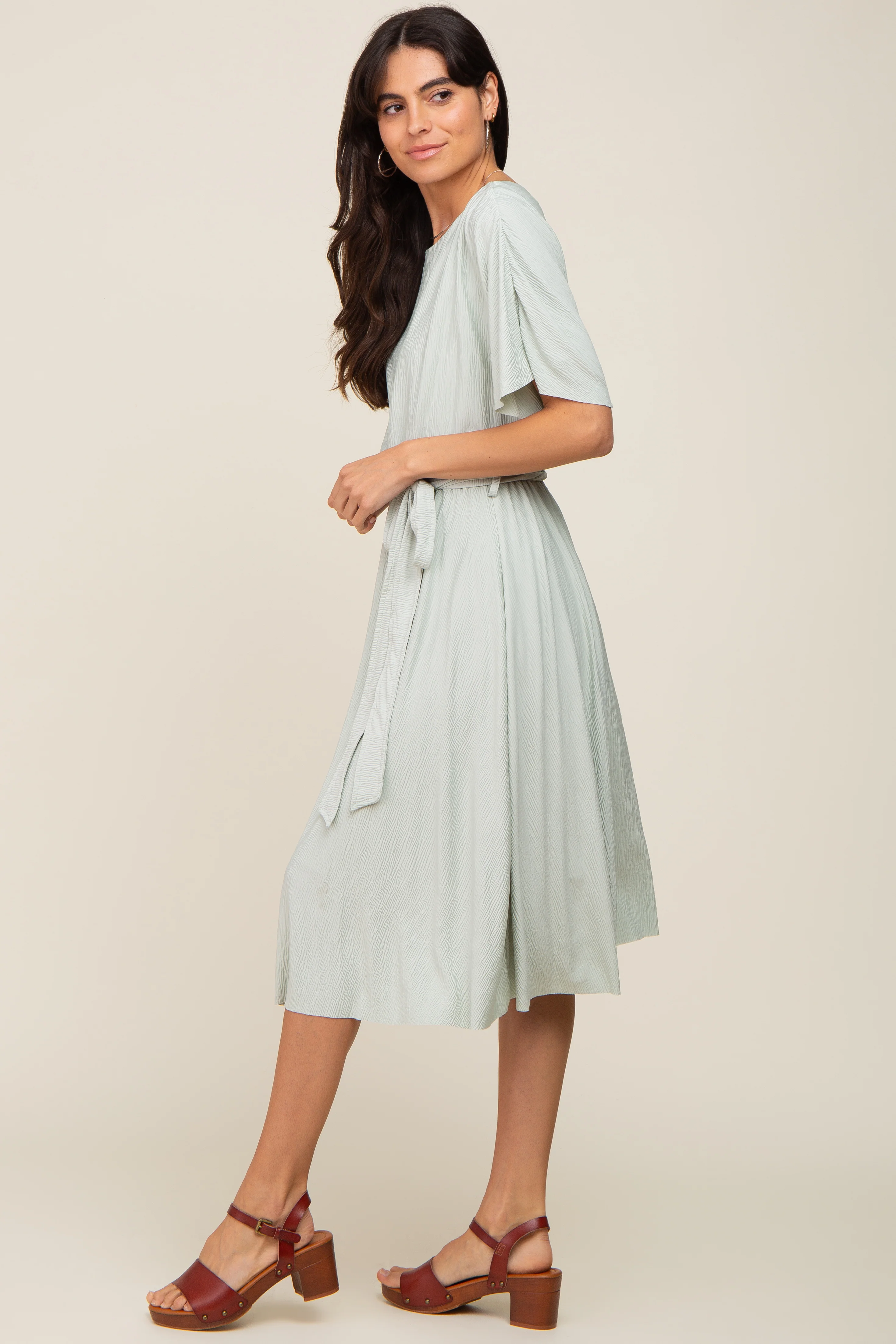 Mint Green Crinkle Knit Tie Waist Short Sleeve Dress - Image 2