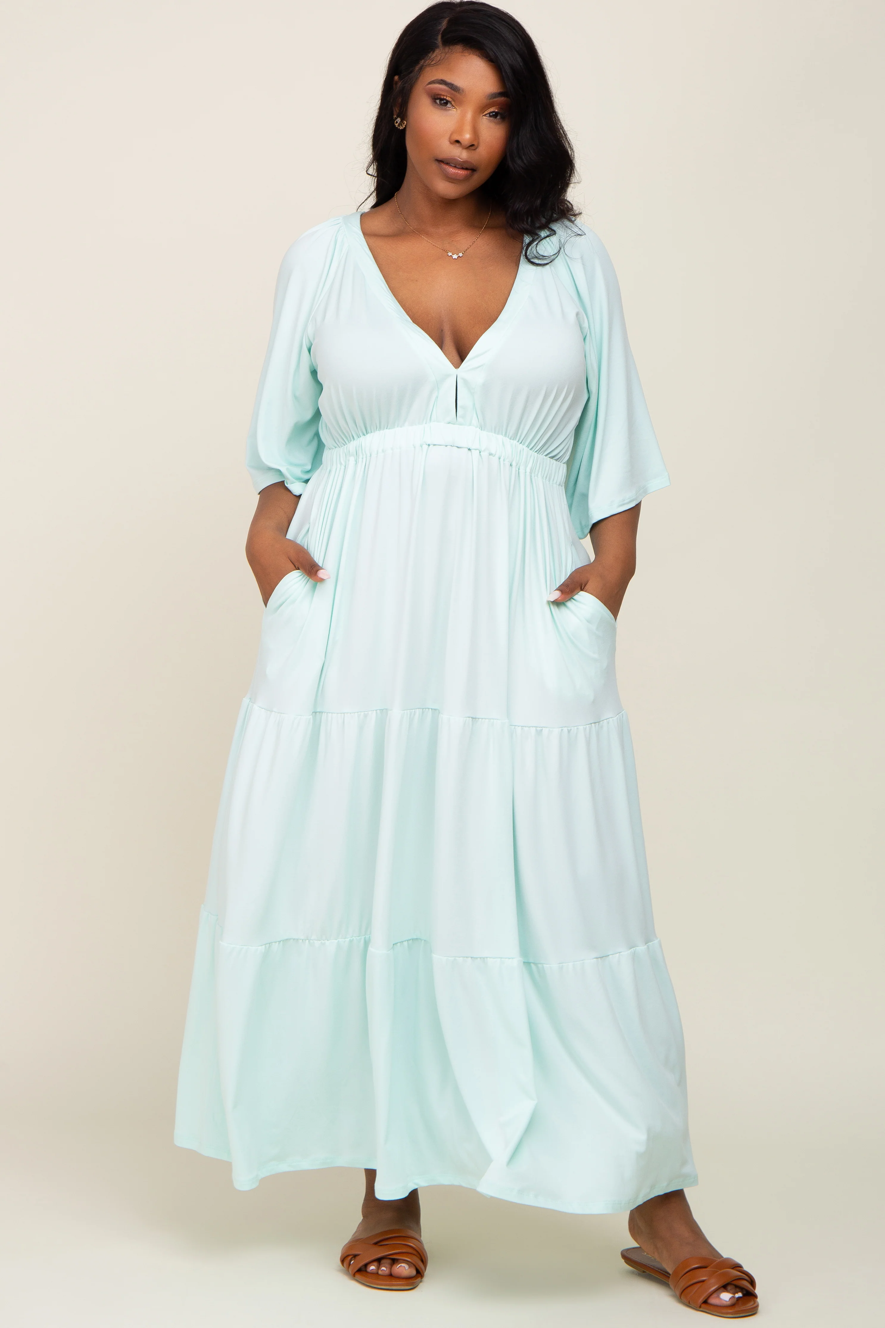 Mint Green Deep V-Neck Tiered Plus Maxi Dress - Image 5