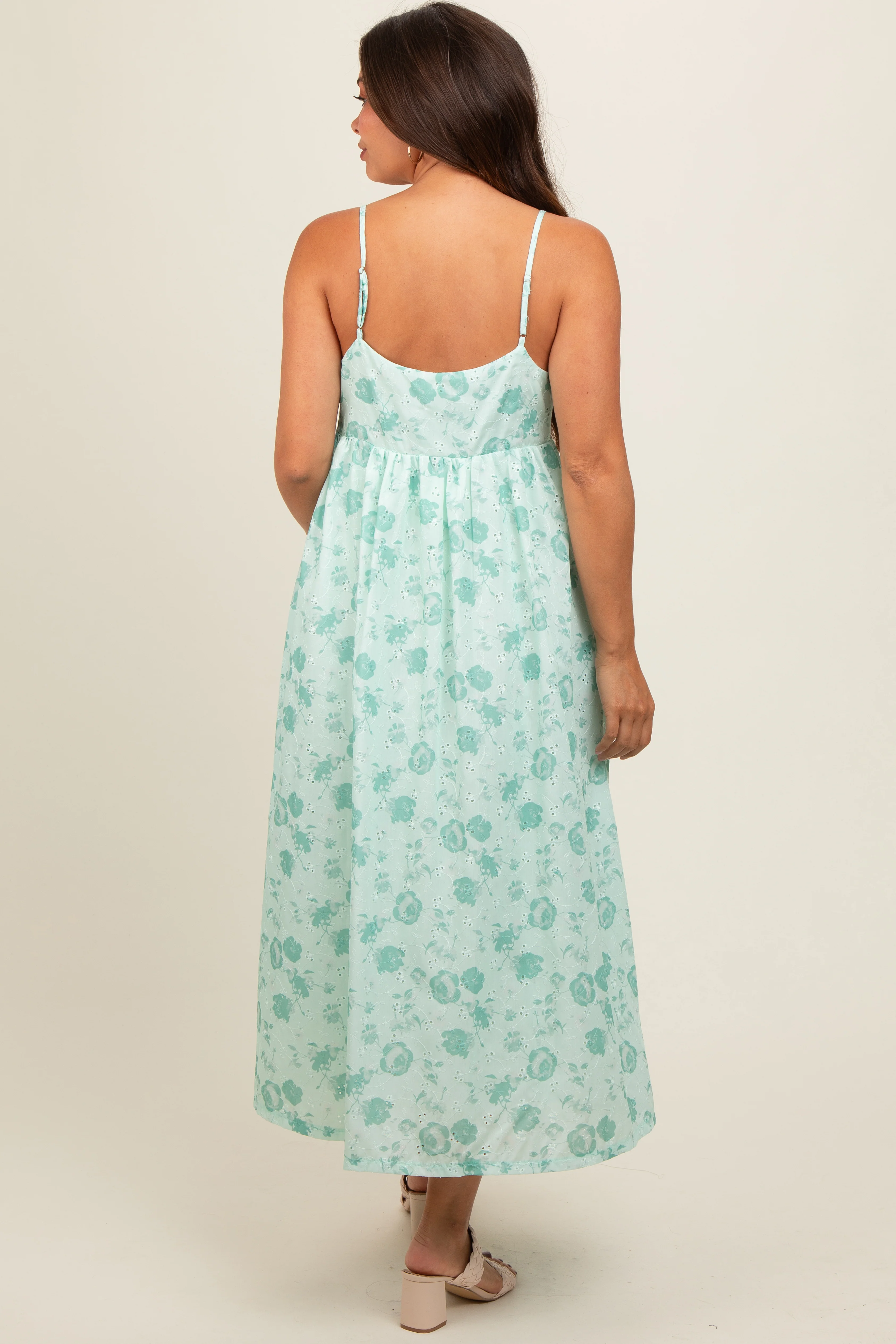 Mint Green Floral Eyelet V-Neck Maternity Midi Dress - Image 4