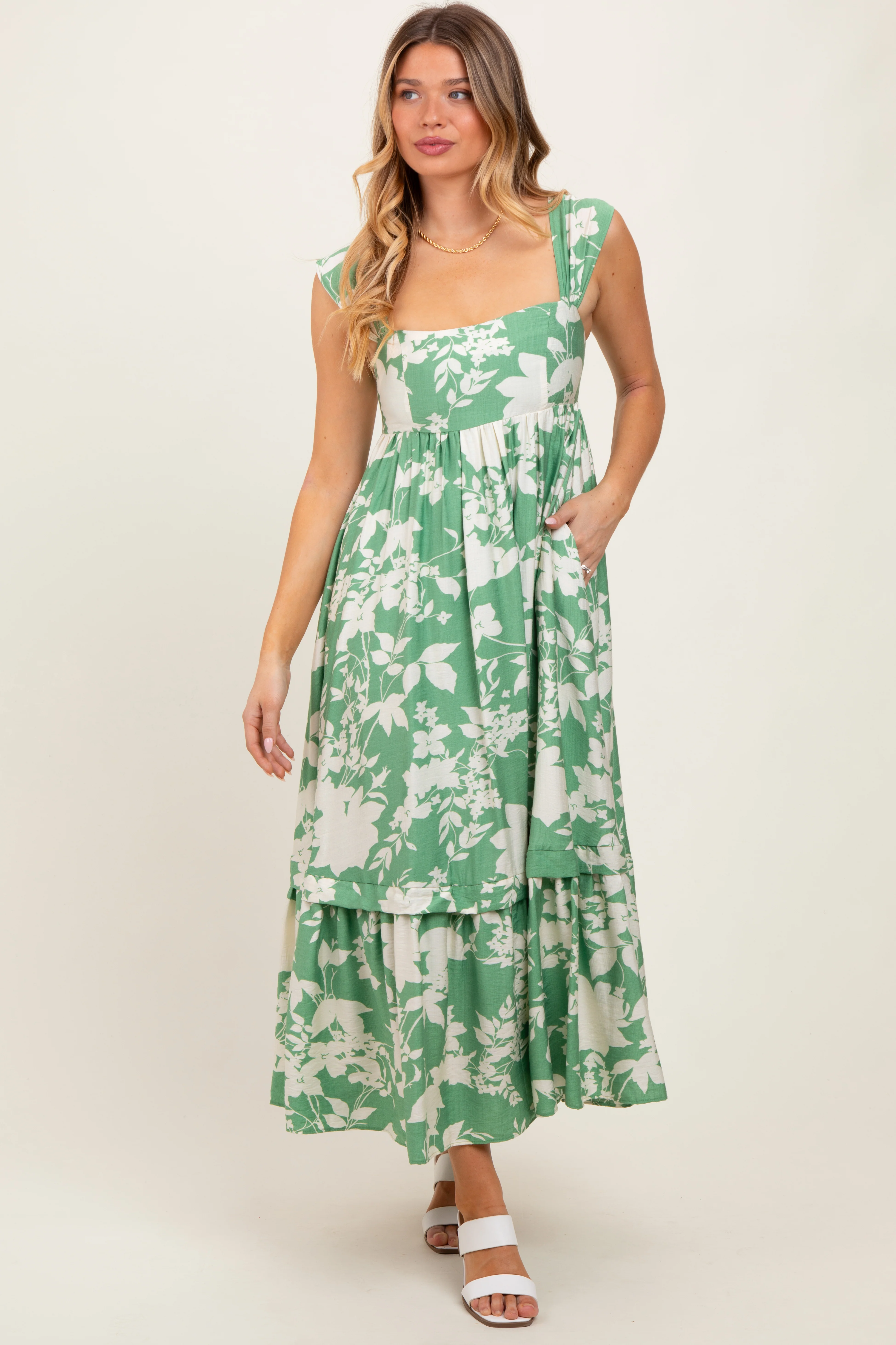 Mint Green Floral Square Neck Maternity Midi Dress - Image 4