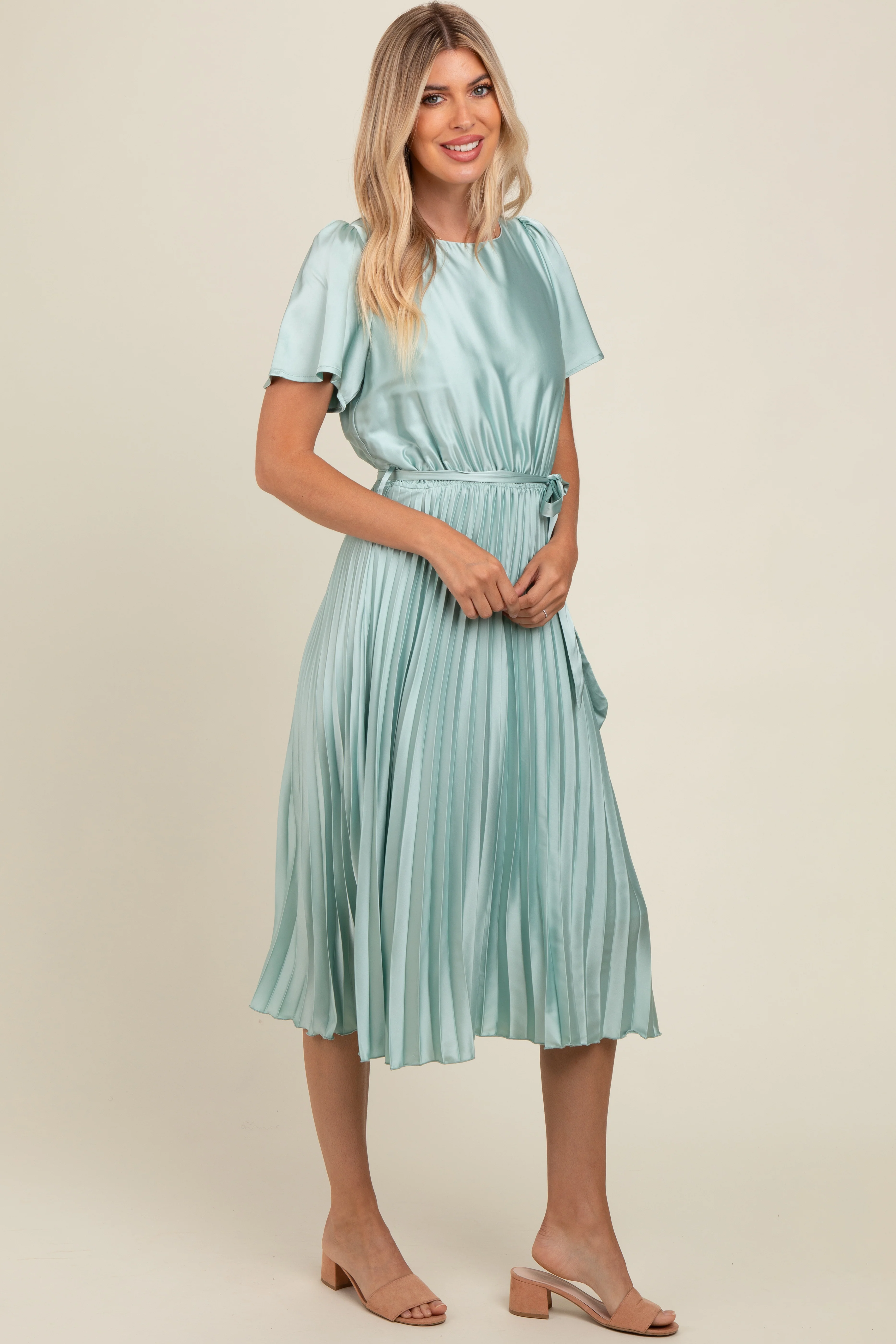 Mint Green Satin Pleated Sash Tie Midi Dress - Image 3
