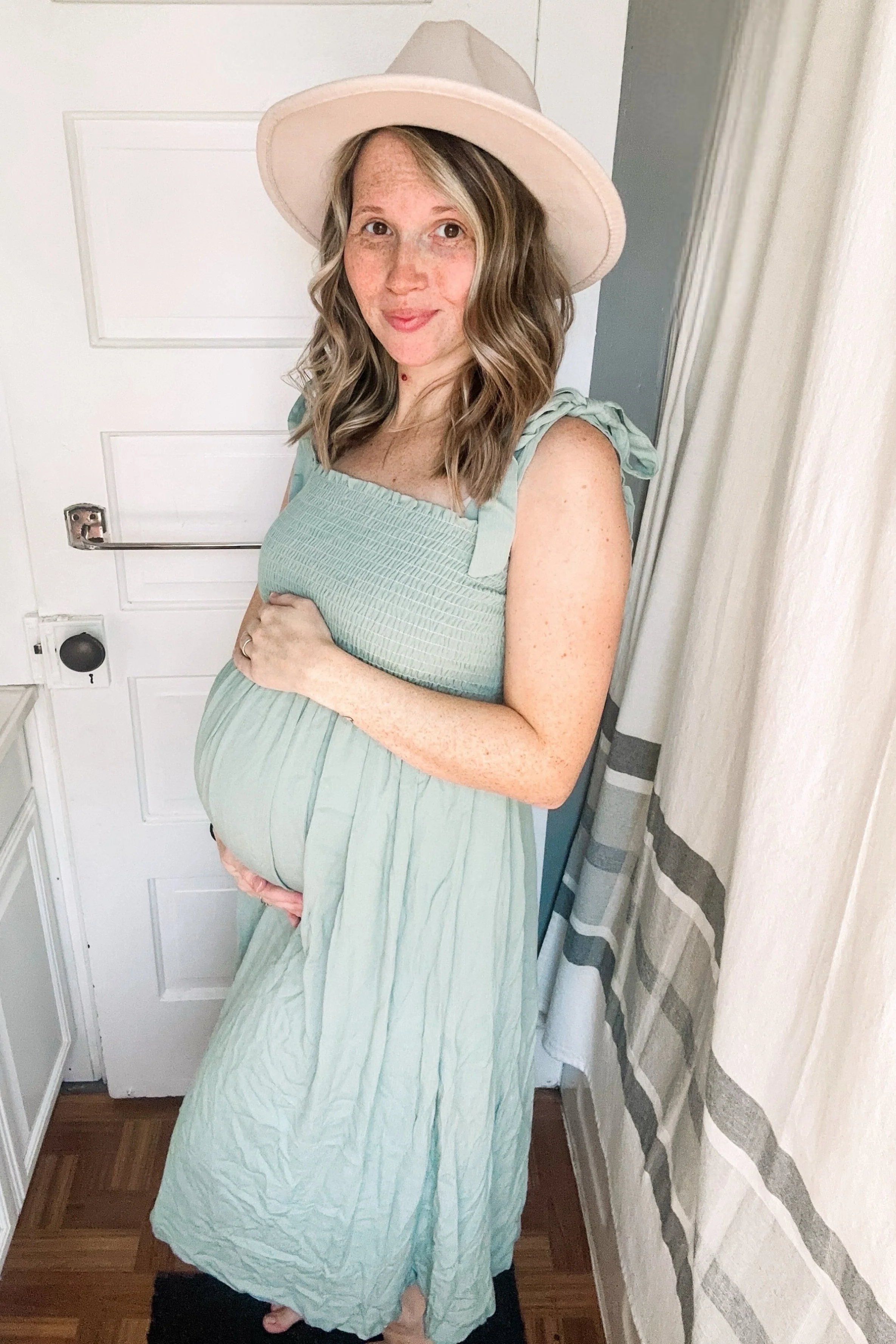 Mint Green Smocked Tie Strap Maternity Midi Dress - Image 12
