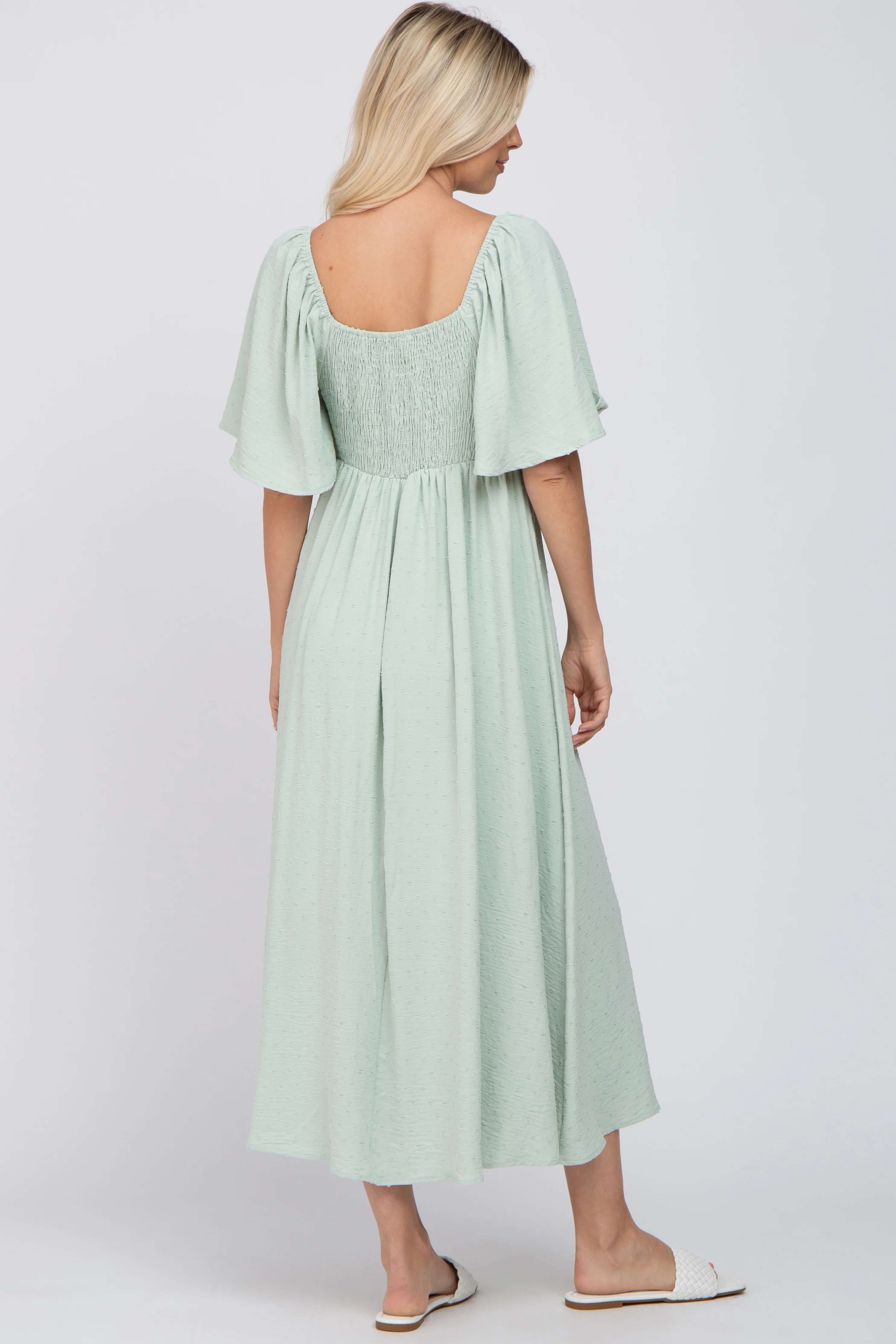 Mint Green Textured Dot Front Tie Ruffle Sleeve Midi Dress - Image 3