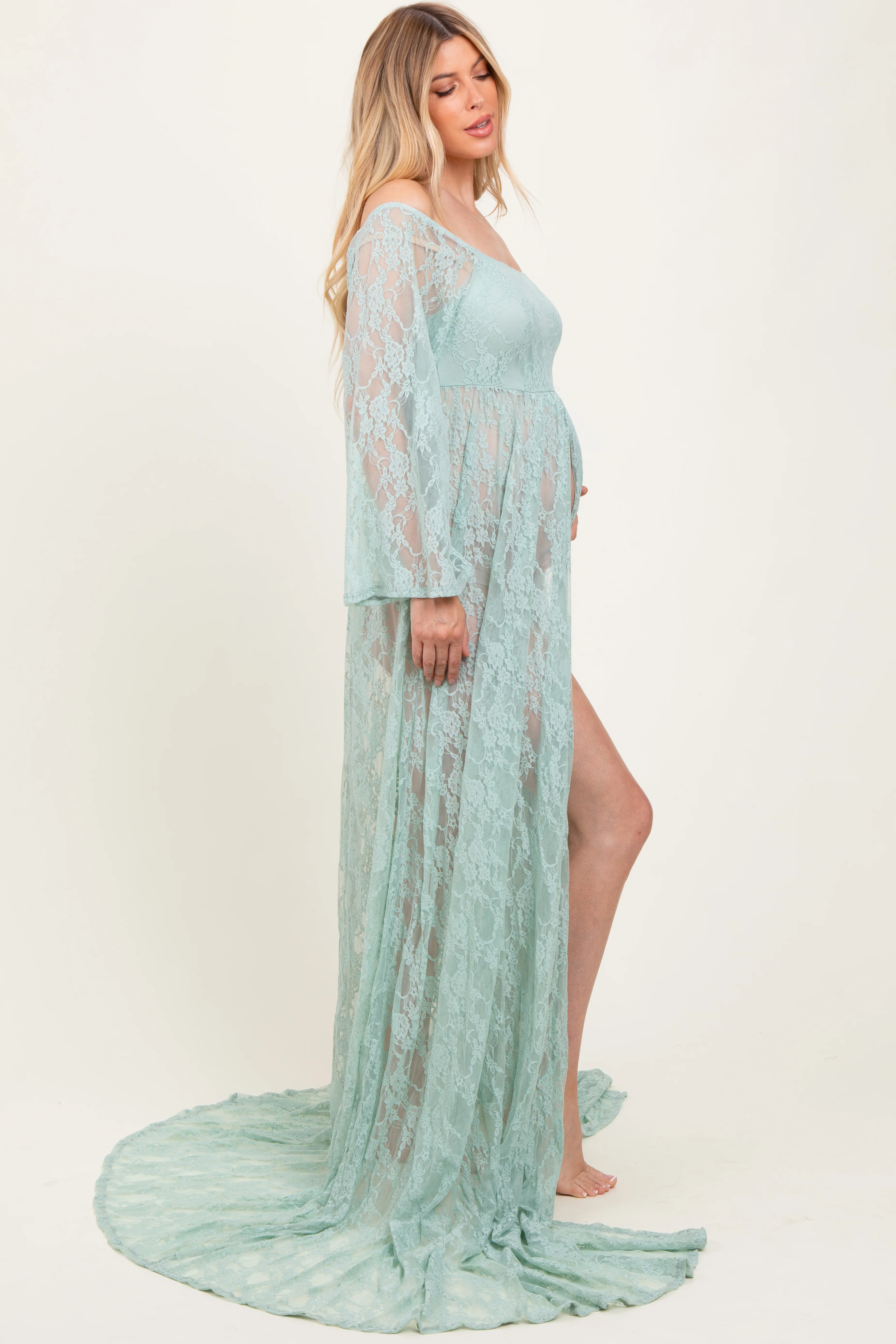 Mint Lace Long Sleeve Off Shoulder Slit Draped Maternity Photoshoot Dress - Image 3