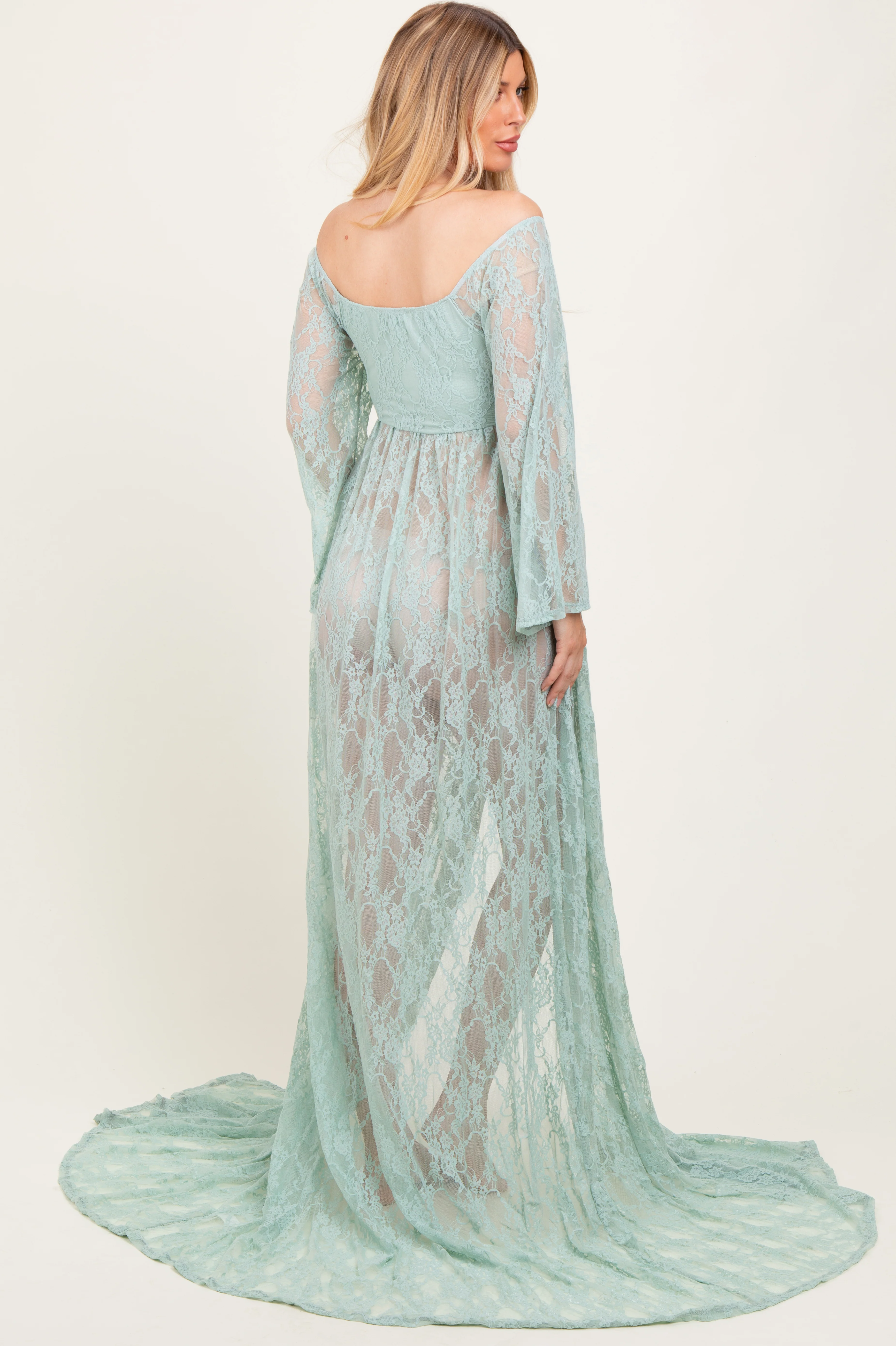 Mint Lace Long Sleeve Off Shoulder Slit Draped Maternity Photoshoot Dress - Image 4