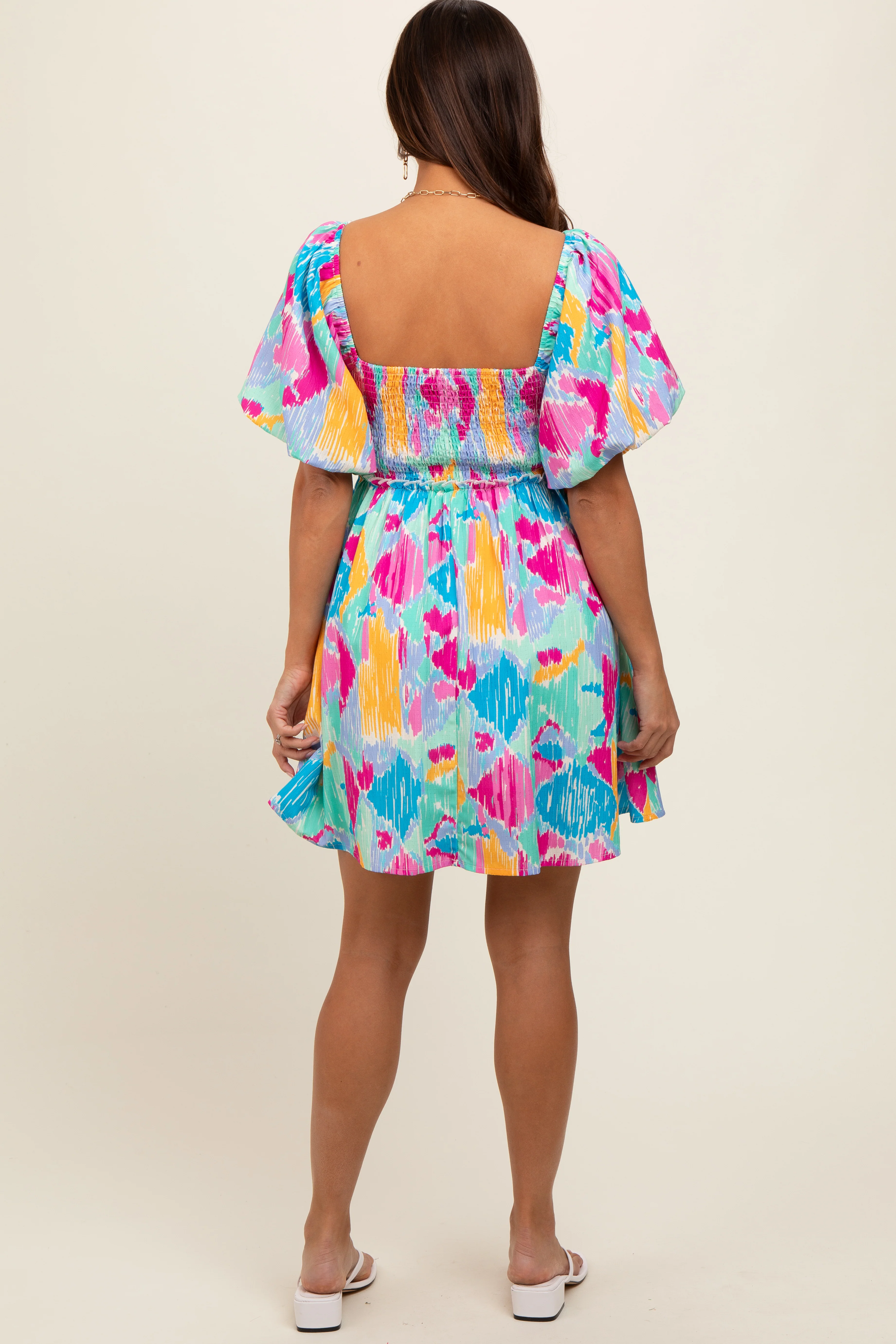 Mint Multi Color Print Smocked Maternity Dress - Image 3