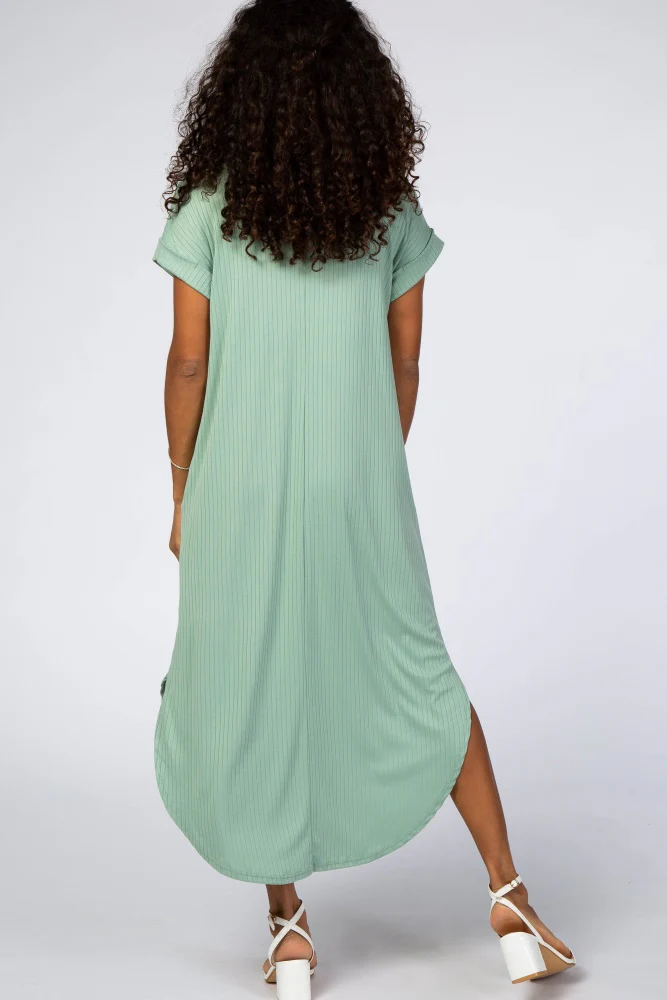 Mint Ribbed Curved Hem Midi Dress - Image 3