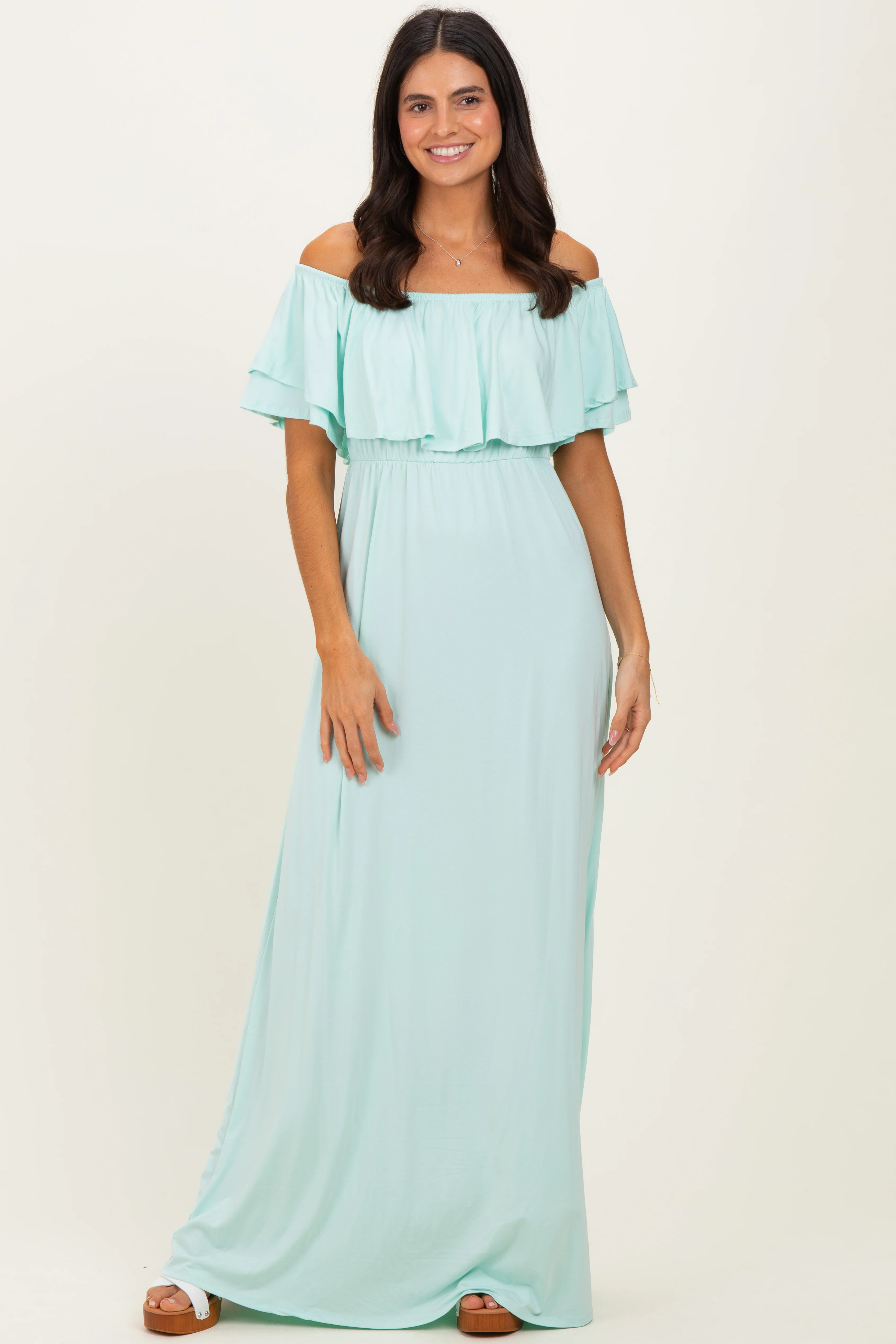 Mint Ruffle Off Shoulder Maternity Maxi Dress - Image 5