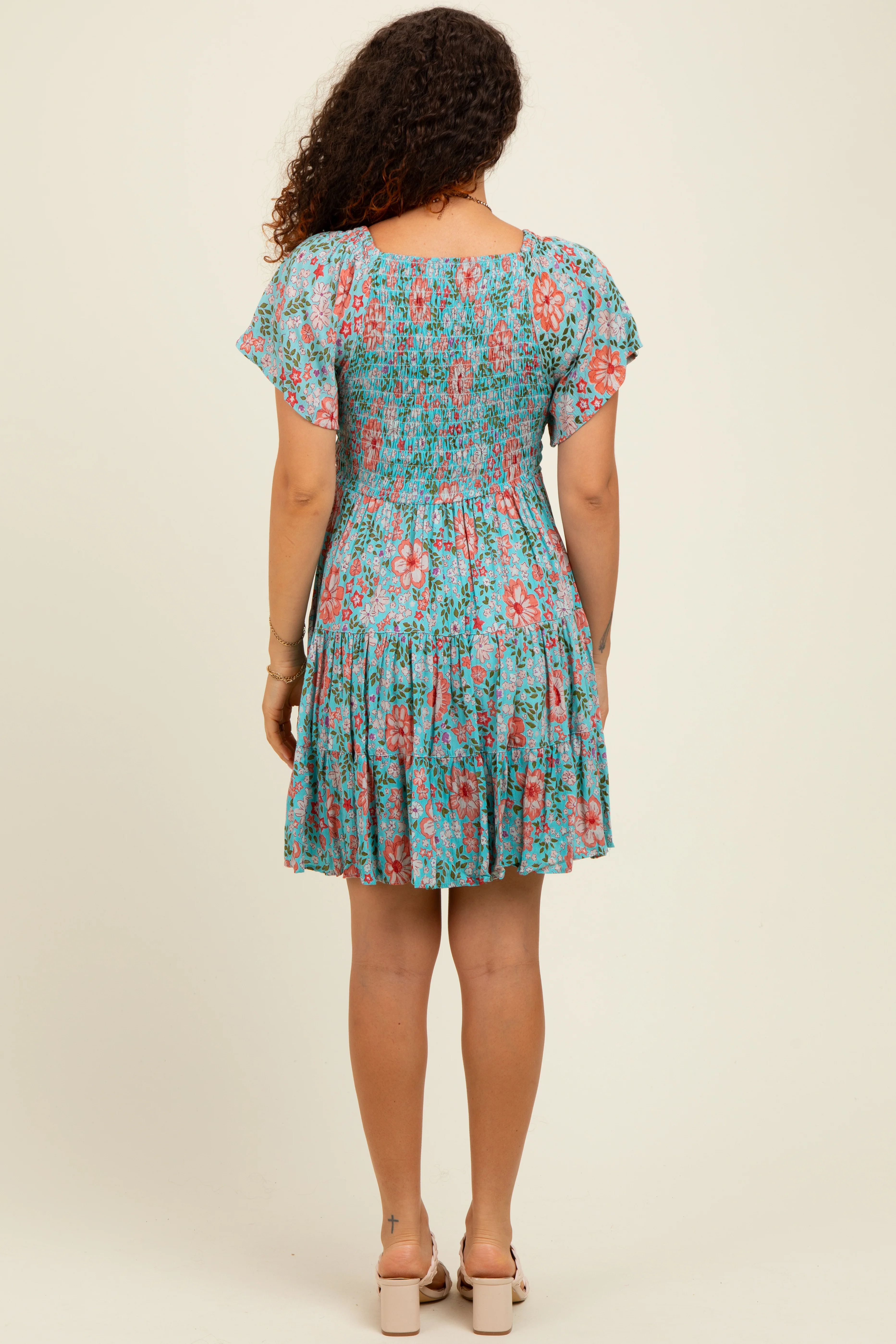 Mint Smocked Bodice V Neck Flutter Sleeve Maternity Dress - Image 4