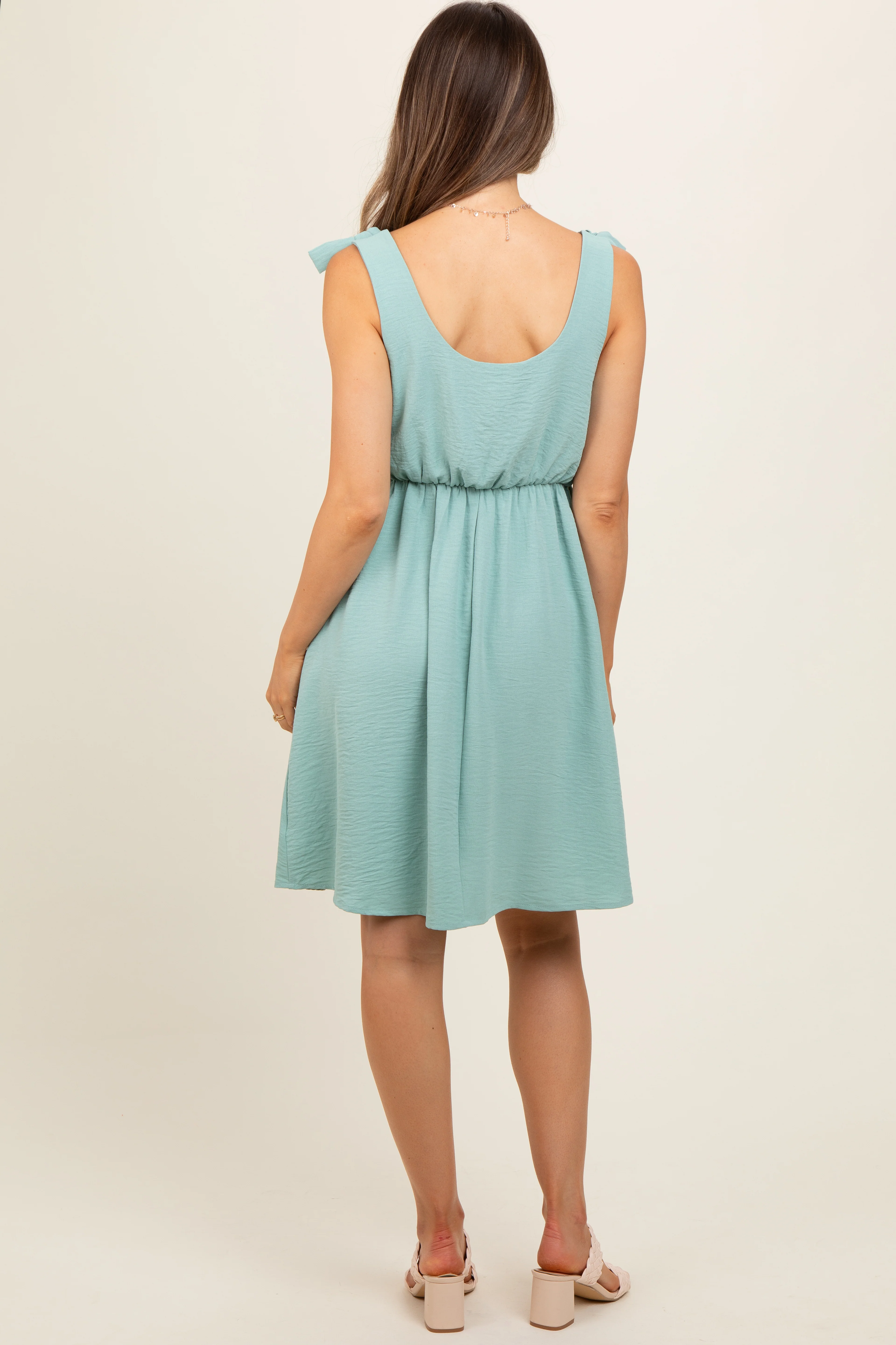 Mint Solid Tie-Shoulder Scoop Neck Maternity Dress - Image 4