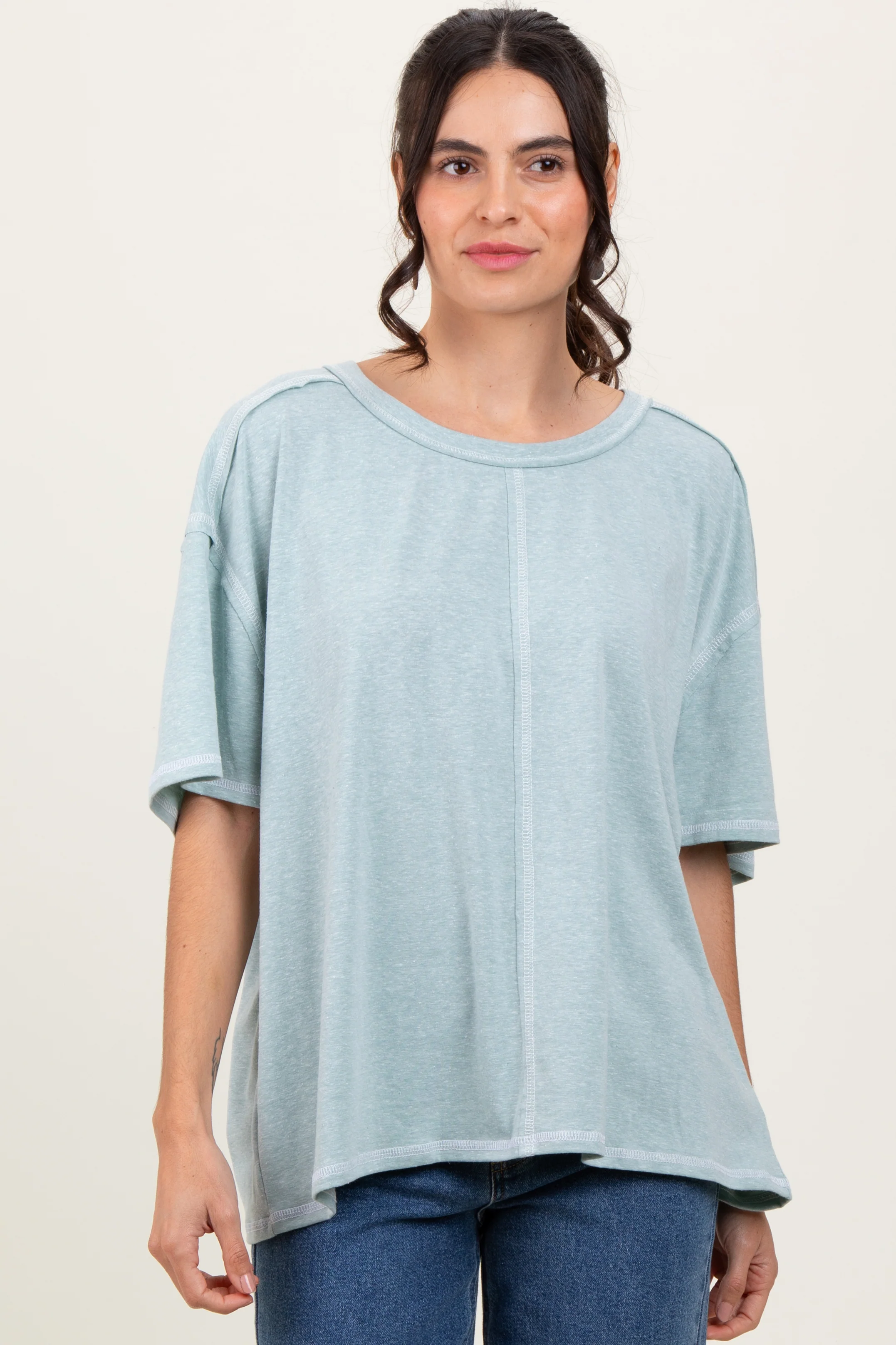 Mint Solid Tri-Blend Short Sleeve Maternity Tunic Top - Image 4