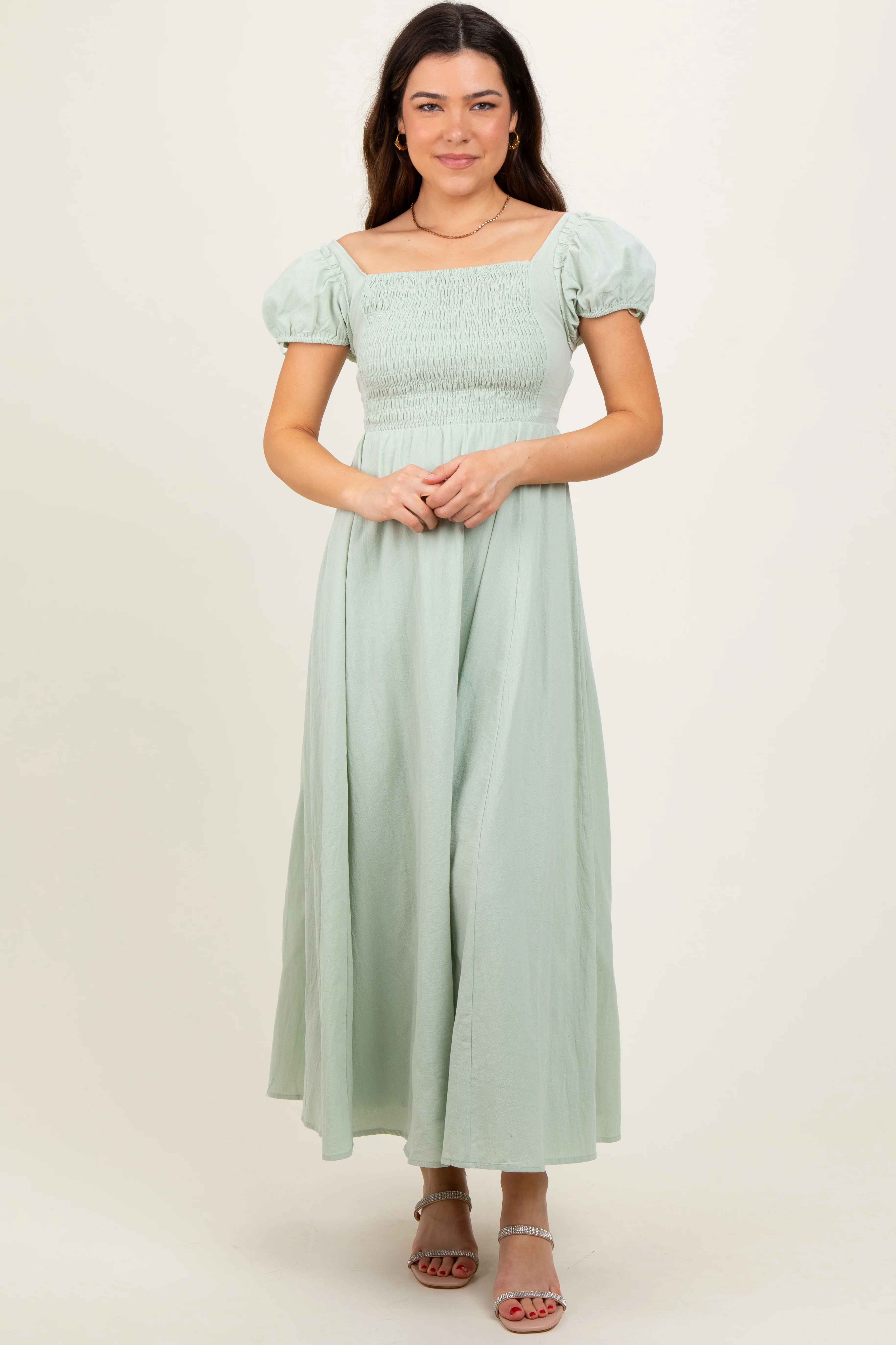 Mint Square Neck Smocked Top Criss Cross Back Tie Maternity Maxi Dress - Image 5