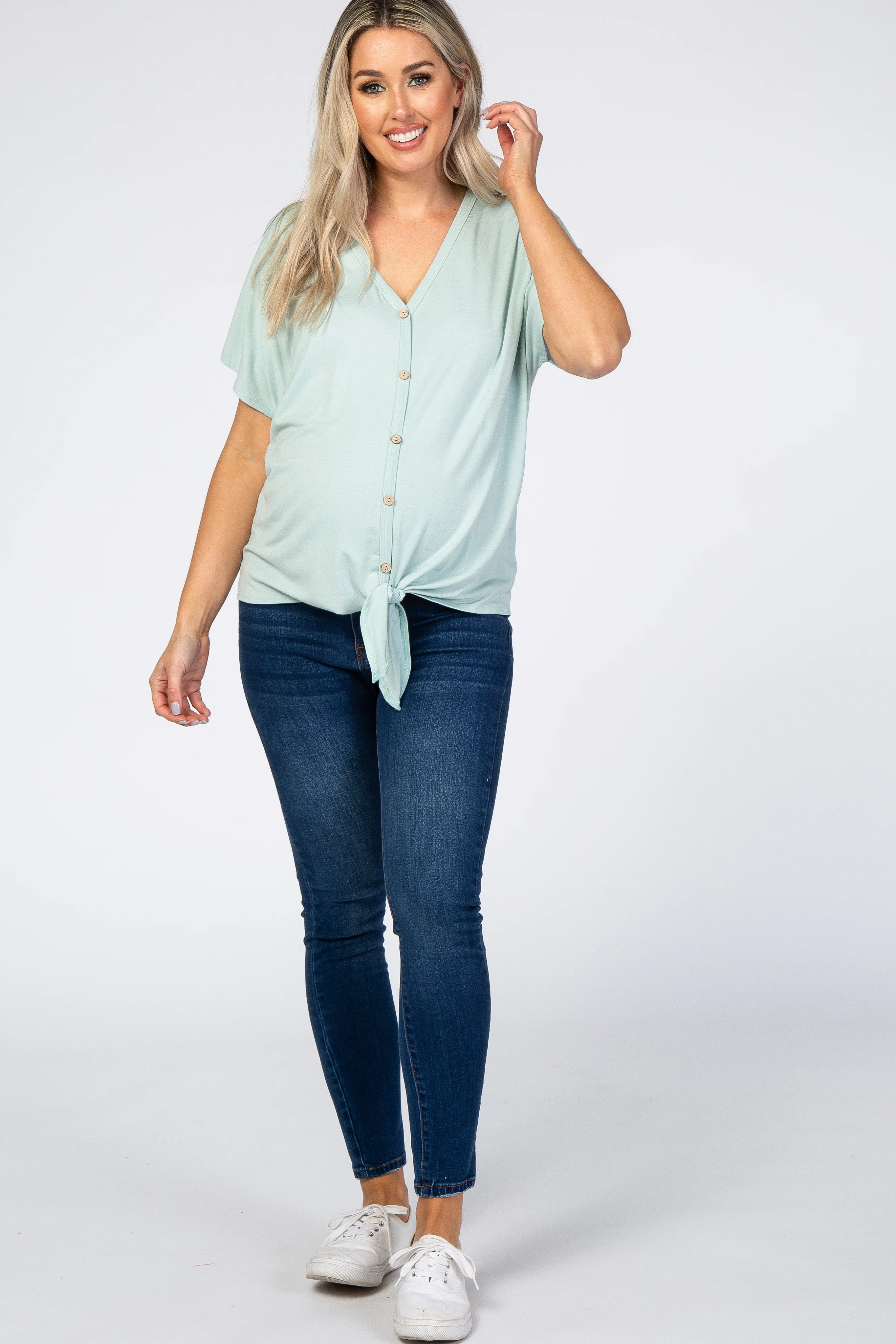 Mint Tie Front Short Sleeve Maternity Top - Image 4
