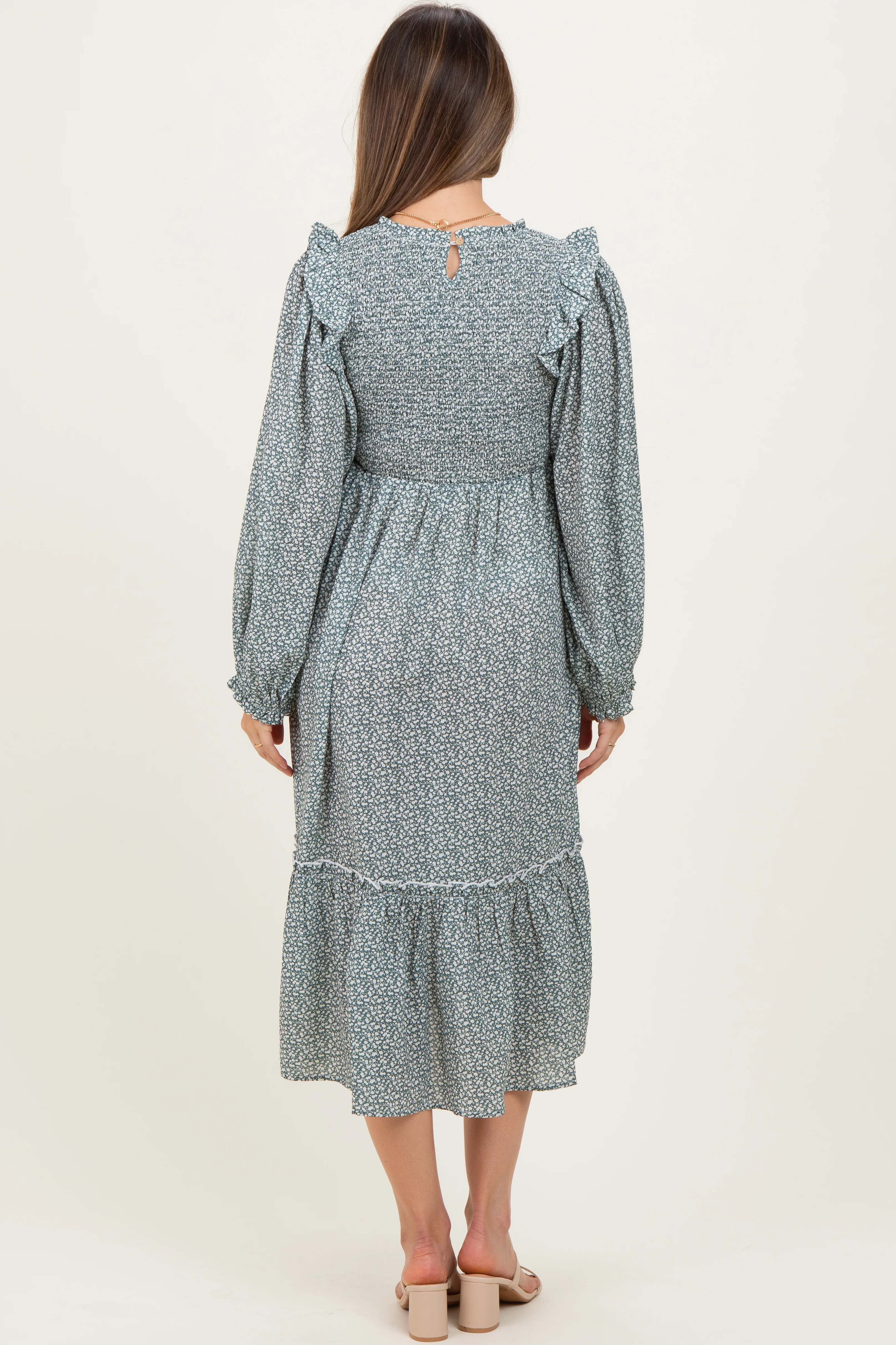 Mint Tiny Floral Ruffled Mock Neck Babydoll Maternity Midi Dress - Image 3