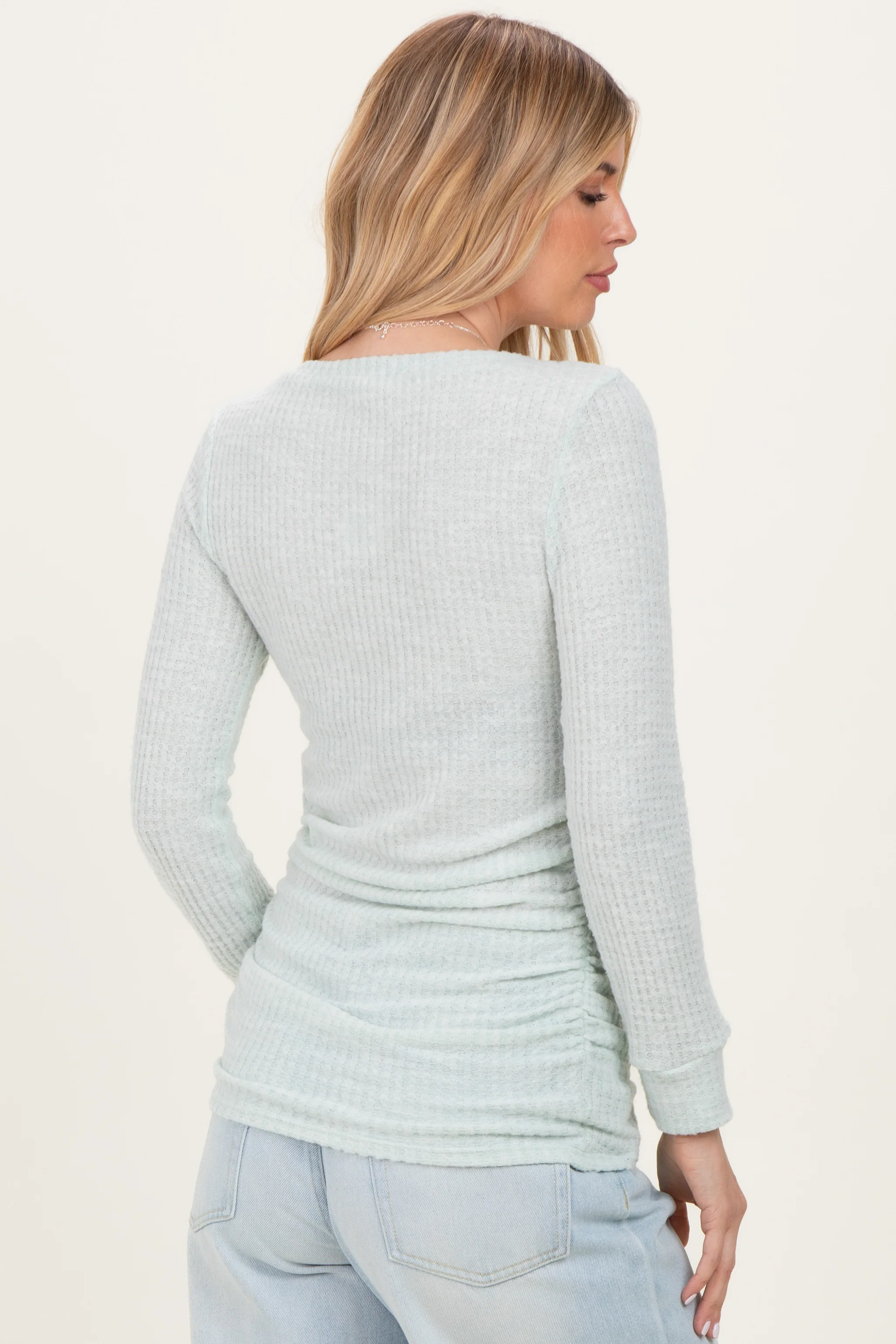 Mint Waffle Knit Long Sleeve Ruched Tunic Top - Image 4