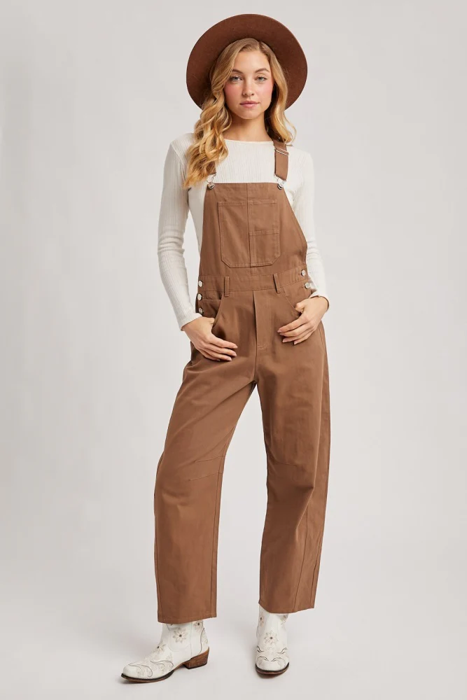 Mocha Barrel Leg Maternity Overalls - Image 4
