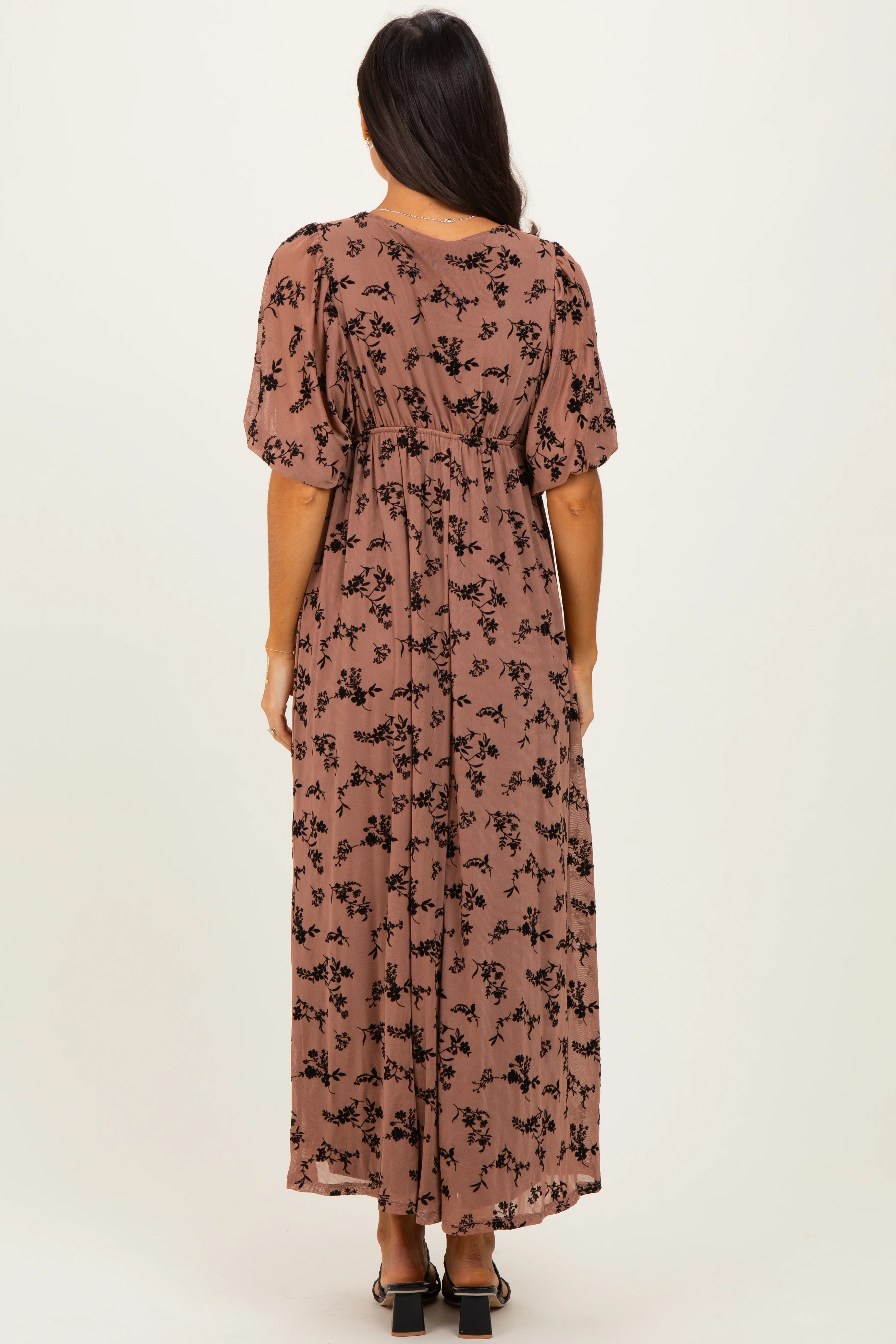 Mocha/Brown Floral Mesh 3/4 Sleeve V-Neck Maxi Dress - Image 4