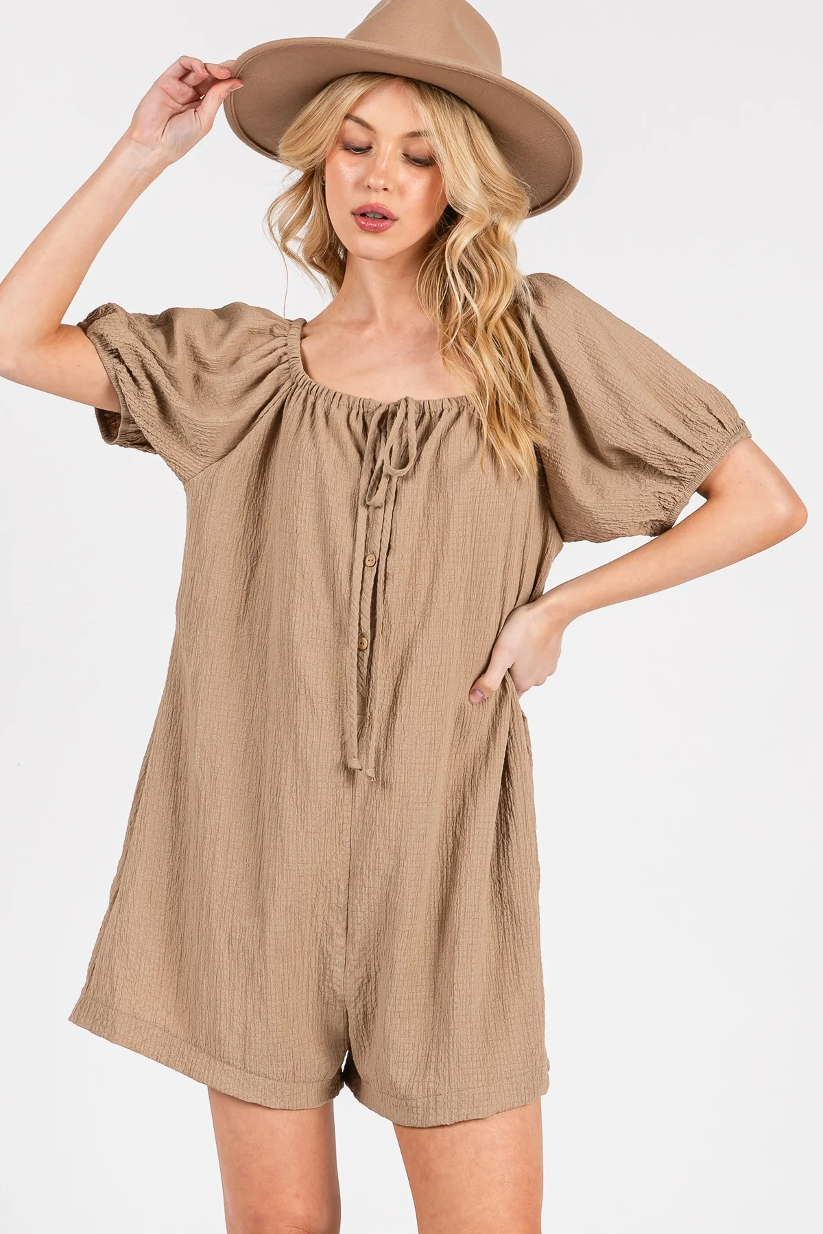 Mocha Button Up Front Tie Puff Sleeve Maternity Romper - Image 5
