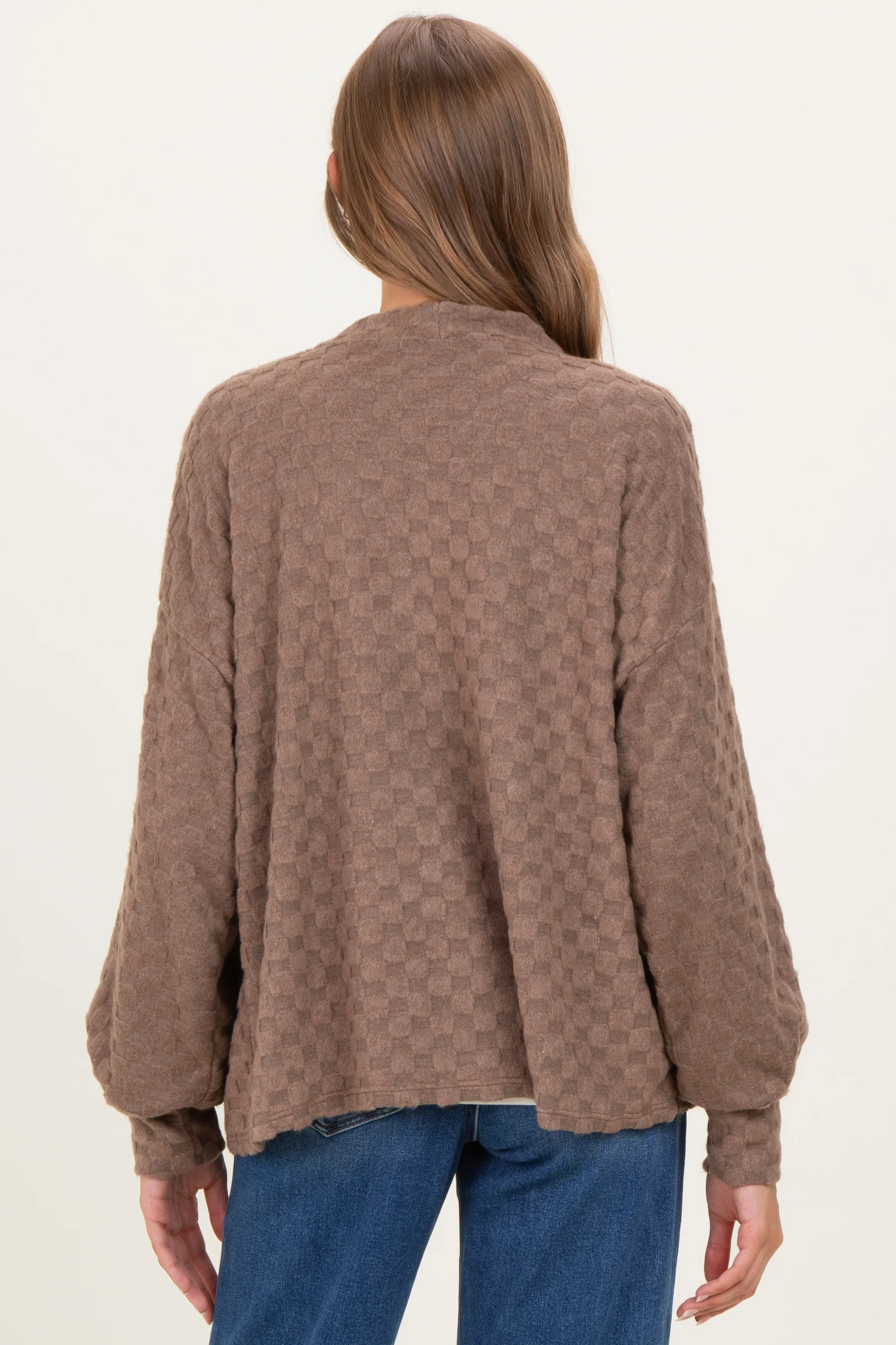 Mocha Checkered Knit Button Front Maternity Cardigan - Image 4