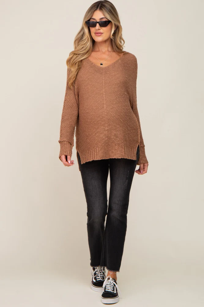 Mocha Chunky Knit Side Slit Maternity Sweater - Image 4