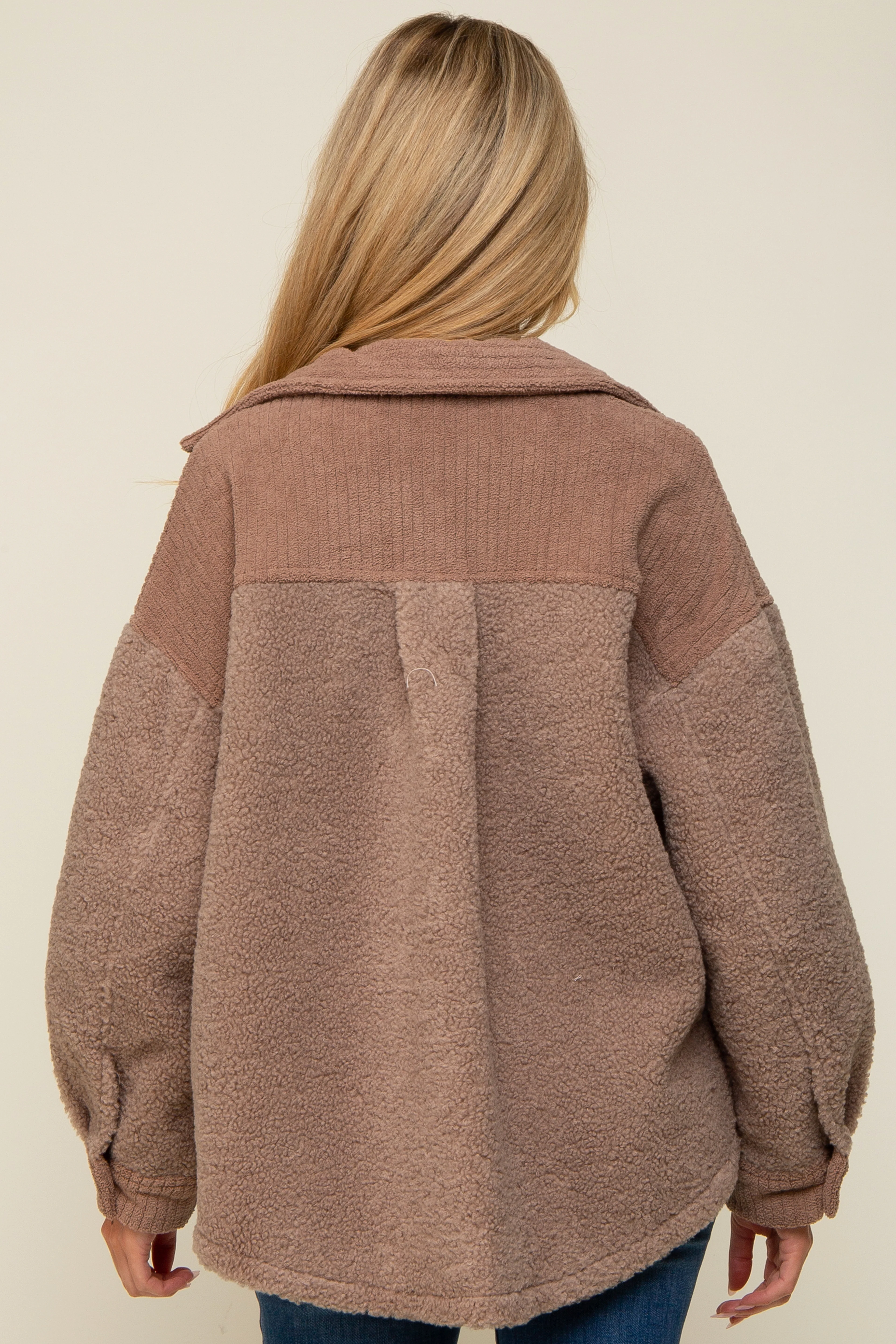 Mocha Colorblock Fleece Maternity Shirt Jacket - Image 3