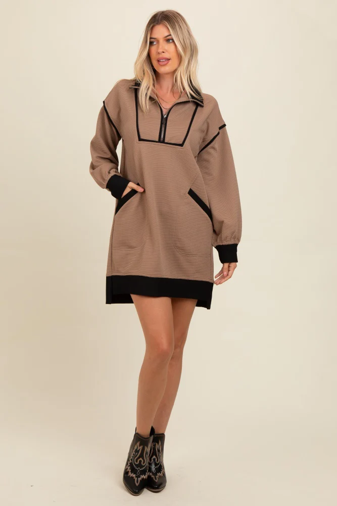 Mocha Contrast Trim Collared Zip Up Maternity Mini Dress - Image 3
