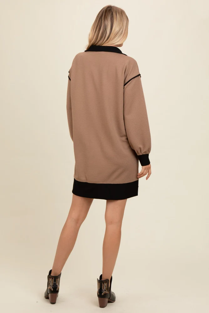 Mocha Contrast Trim Collared Zip Up Mini Dress - Image 3