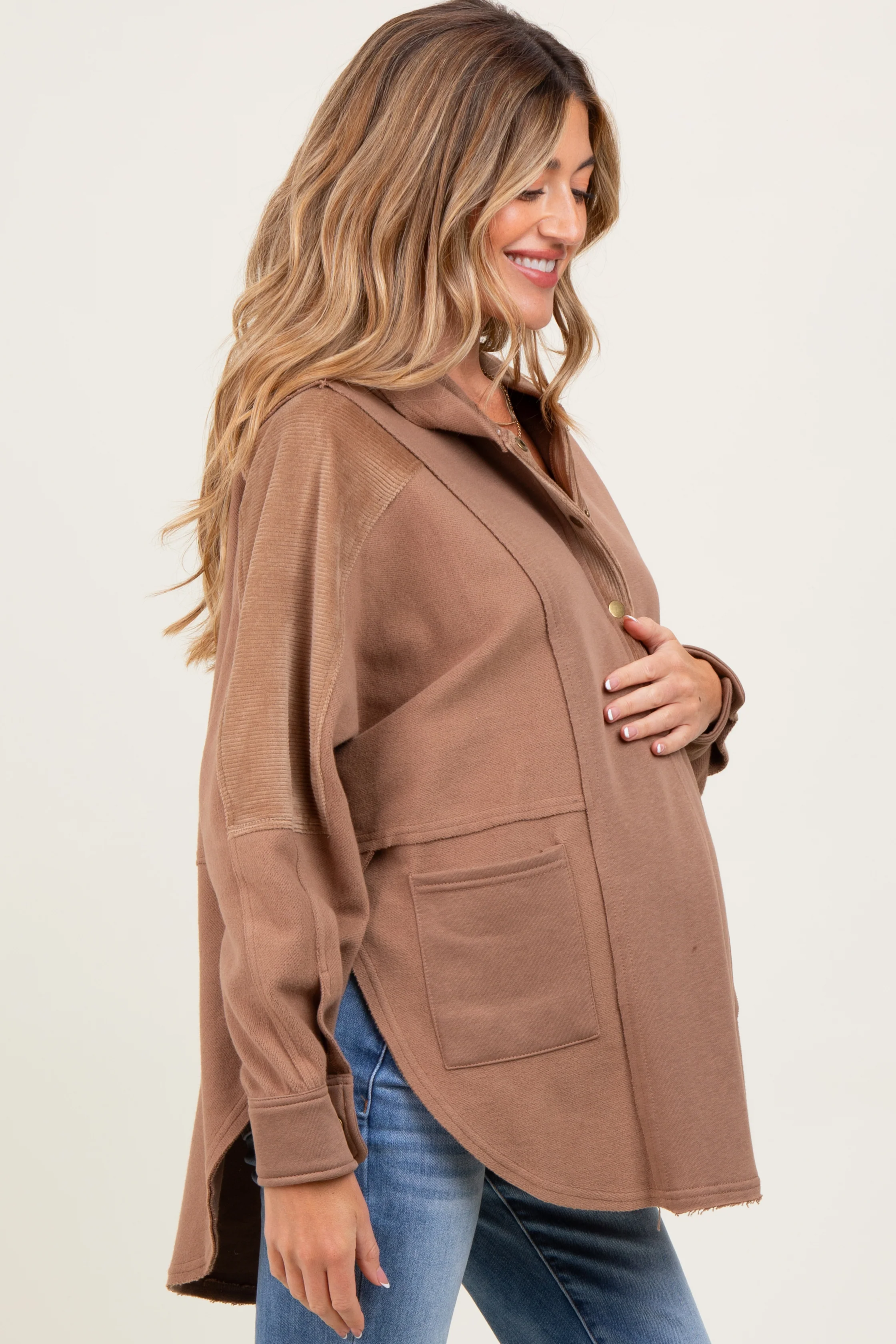 Mocha Corduroy Contrast Oversized Maternity Hoodie - Image 3