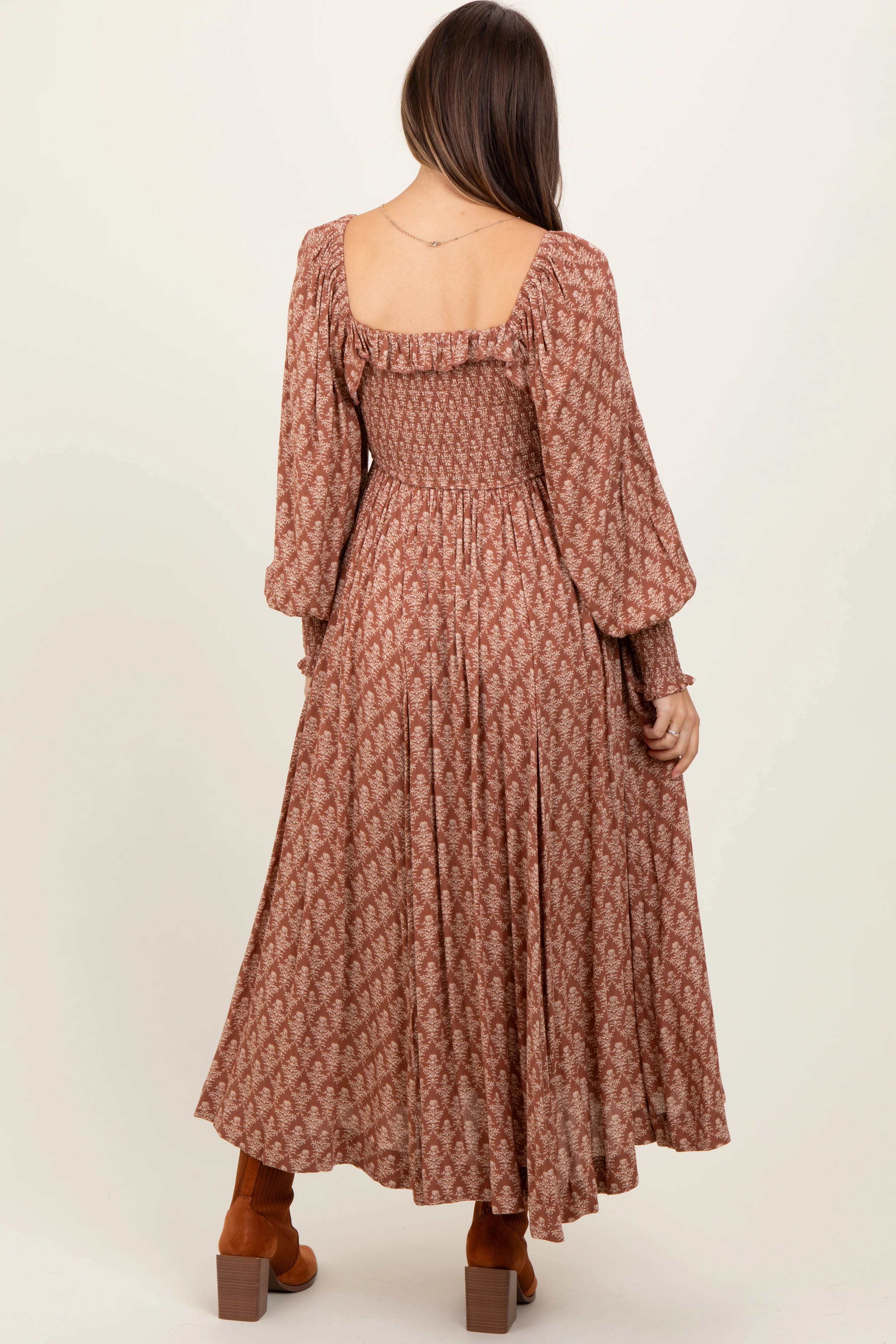 Mocha Damask Print Smocked Ruffle Accent Maternity Maxi Dress - Image 4
