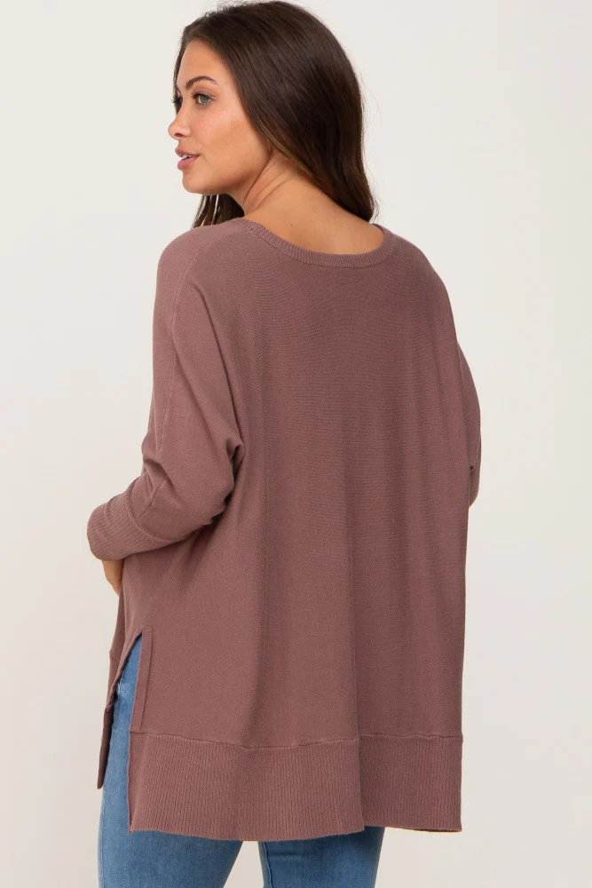 Mocha Dolman Sleeve Side Slit Maternity Sweater - Image 4